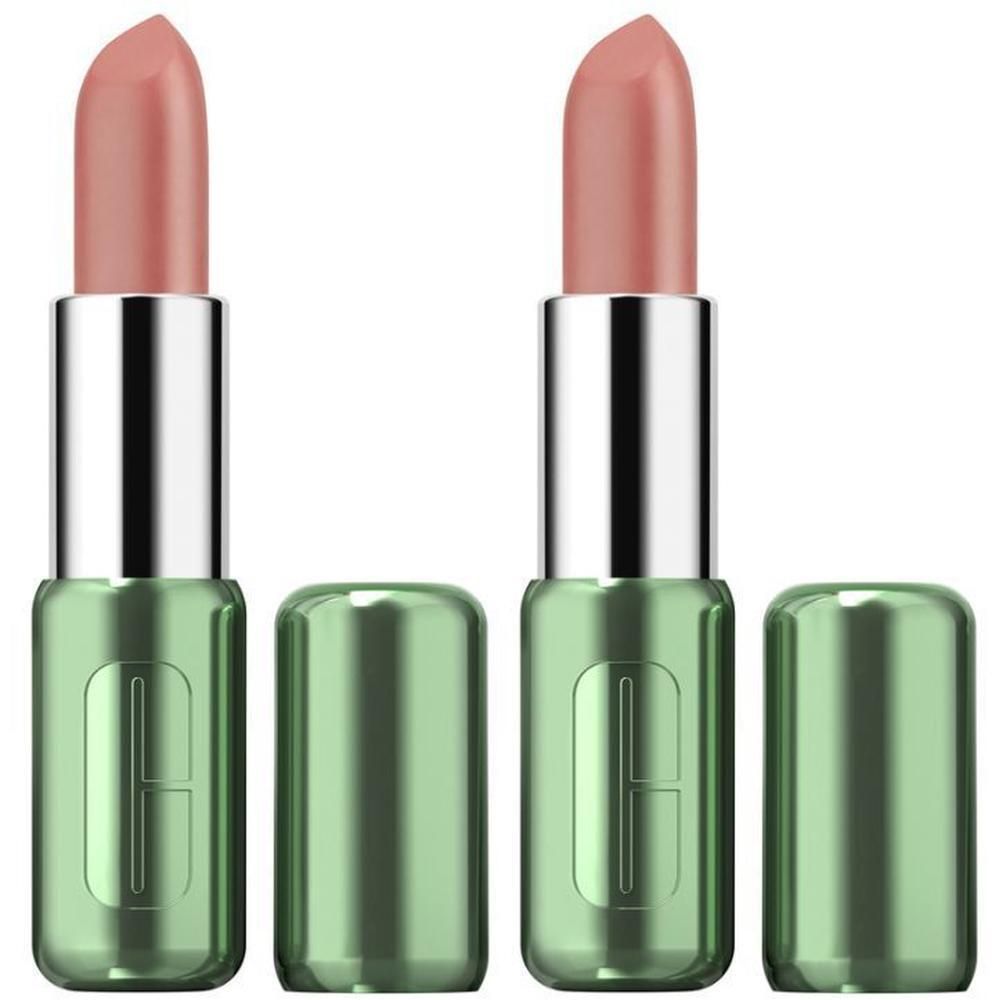 Zwei Clinique Pop Lippenstifte in der Farbe Blushing Pop mit silbernem Schaft und hellgrüner Kappe.