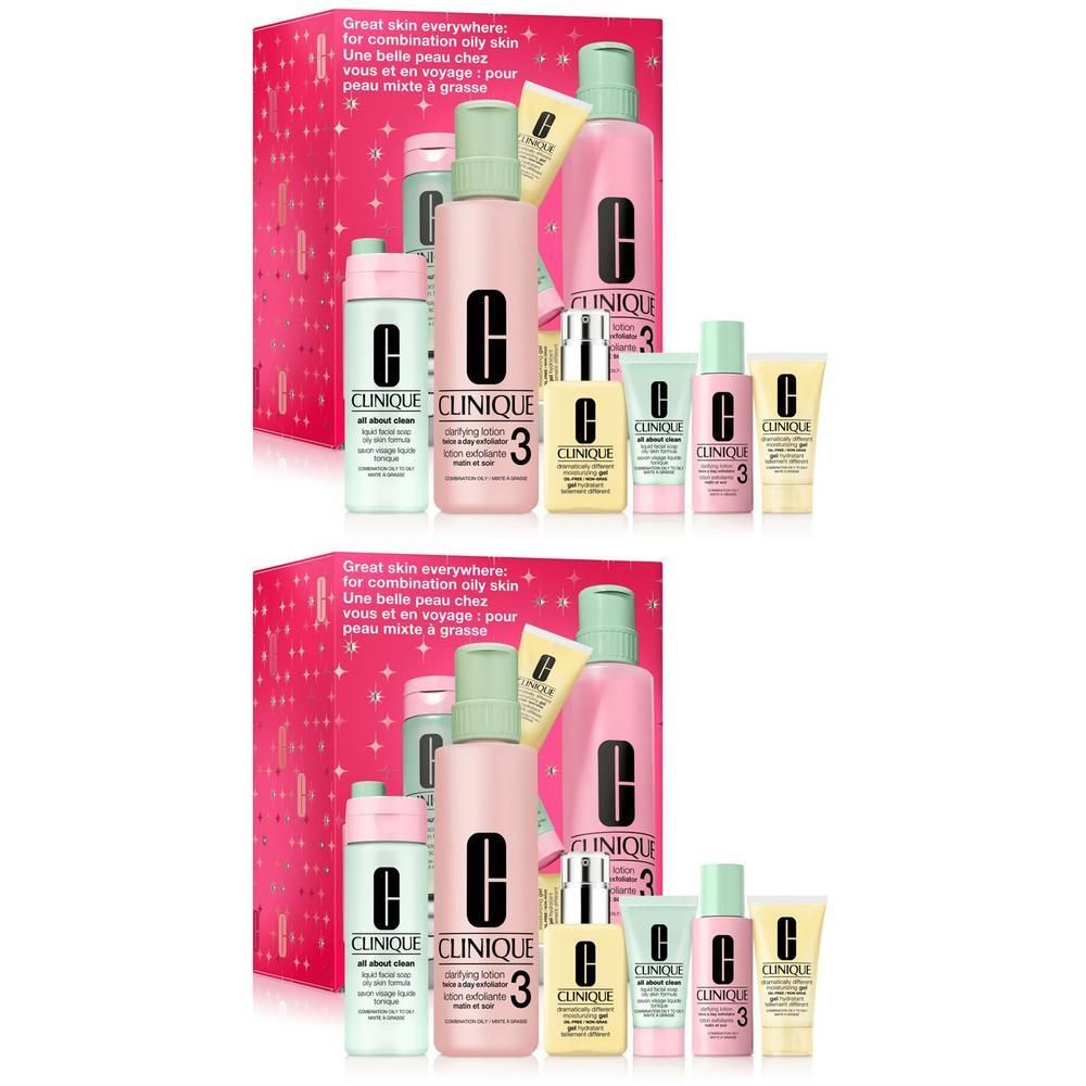 Zwei Clinique Sets für ölige Haut, jeweils mit vier Produkten und einer Geschenkbox.