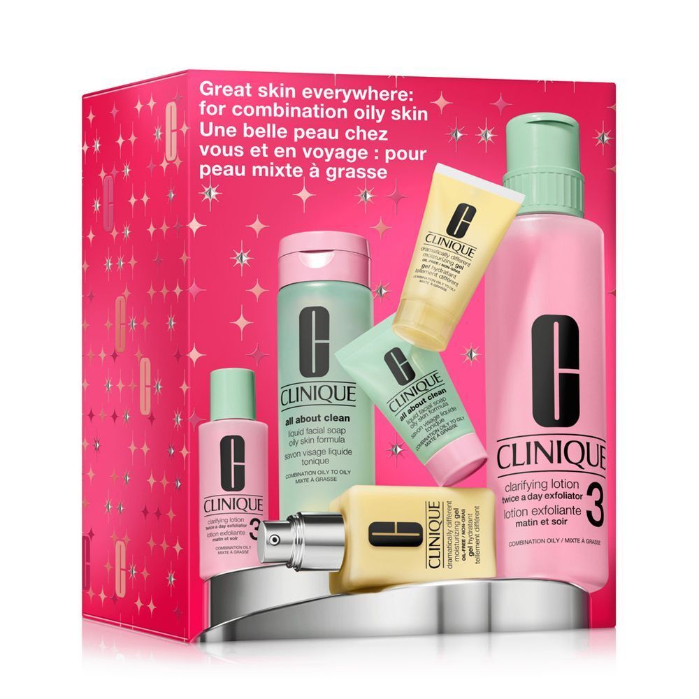 Clinique Set für ölige Haut: Geschenkbox mit fünf Produkten, darunter Lotion und Seife.