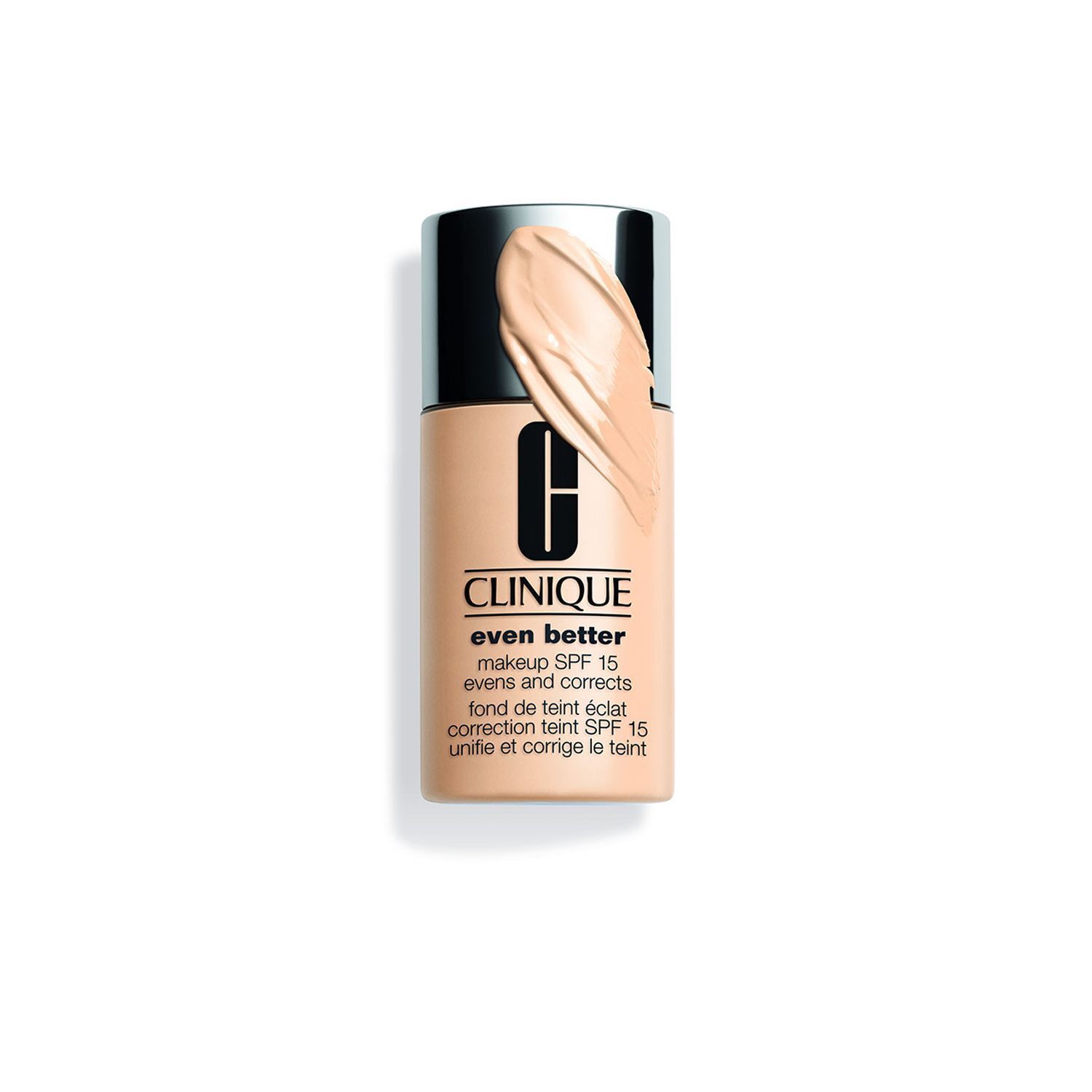 Eine Flasche CLINIQUE Even Better Makeup SPF 15, Farbe WN 04 Bone, mit aufgetragener Foundation.
