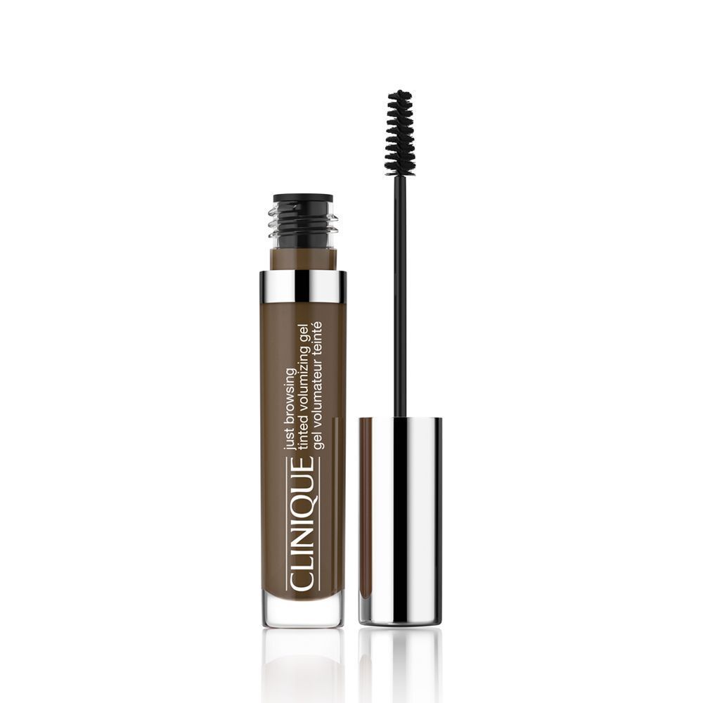 Ein Clinique Just Browsing™ getöntes Volumizing Gel in dunkler Brauntönung mit geöffnetem Applikator.