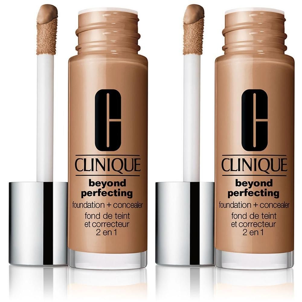 Zwei Flaschen Clinique Beyond Perfection Foundation + Concealer in der Farbe Nutty.