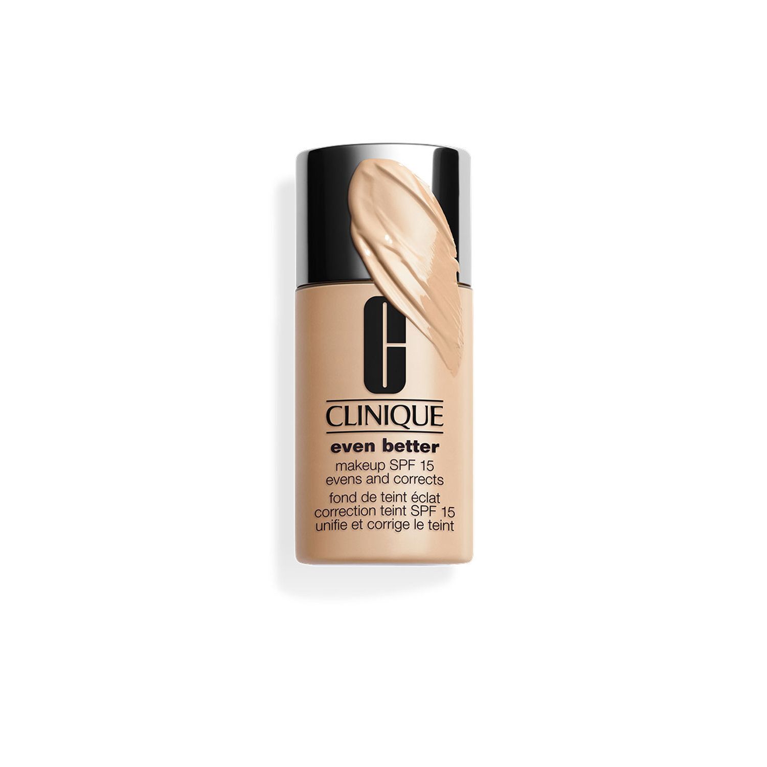Eine Flasche CLINIQUE Even Better Makeup SPF 15 in hellem Beige mit Produktprobe.
