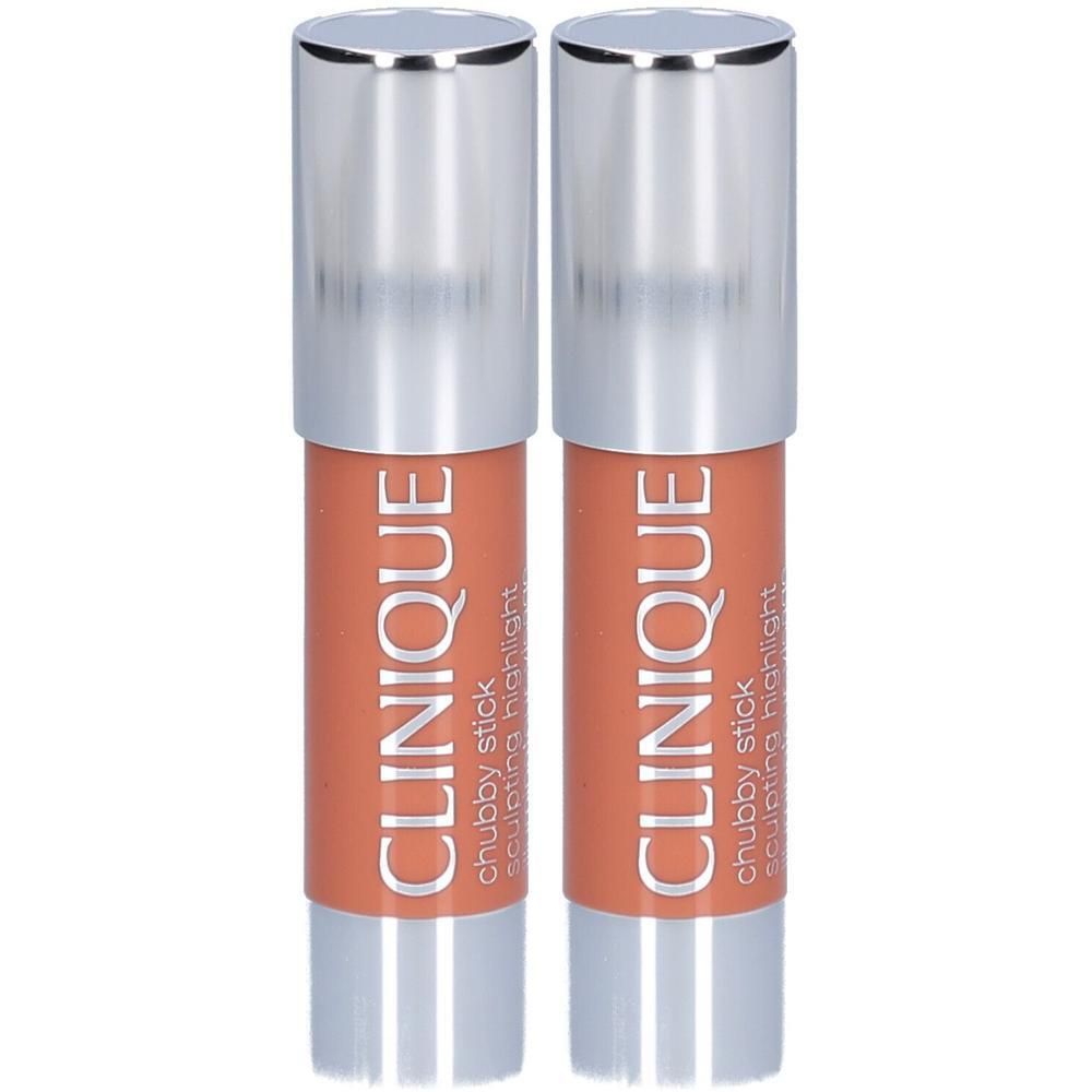 Zwei CLINIQUE Chubby Stick Sculpting Highlight Stifte in Pfirsichtönen mit silbernen Kappen.