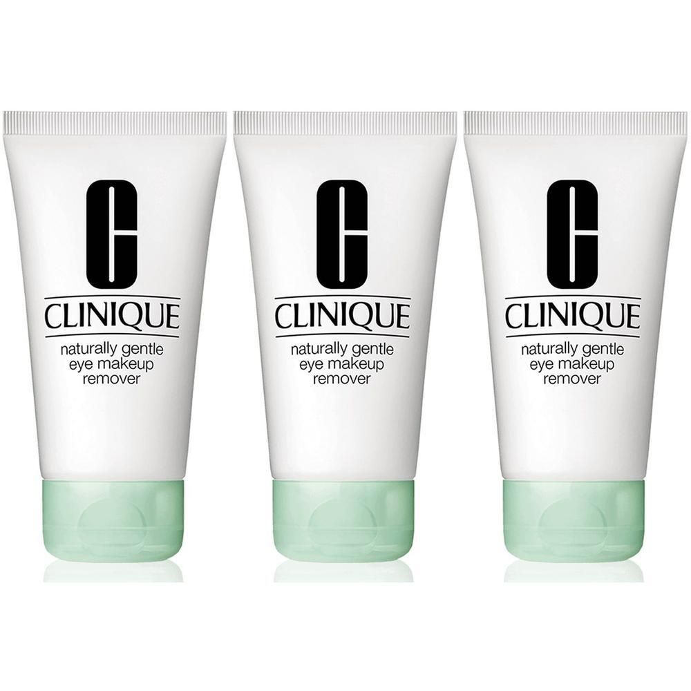Drei Tuben CLINIQUE Naturally Gentle Eye Makeup Remover mit weißem Gehäuse und hellgrünem Verschluss.