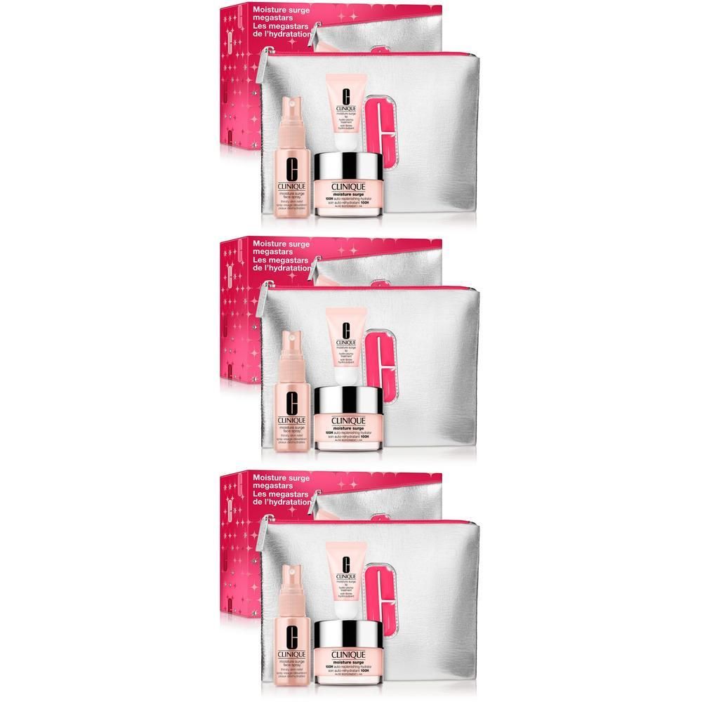 Clinique Moisture Surge Megastars Set: Feuchtigkeitscreme, Spray, Mini-Tube und Kosmetiktasche.
