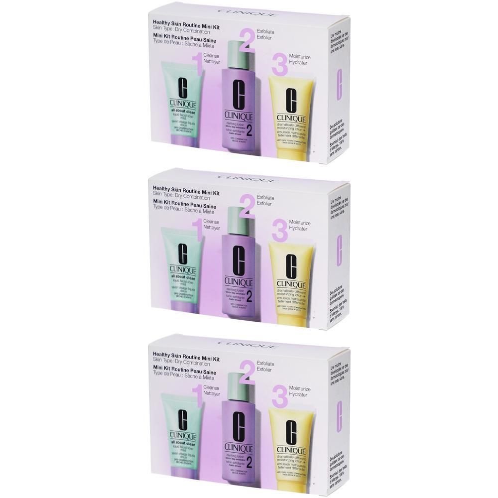 Drei Clinique Healthy Skin Routine Mini Kits, jeweils mit Gesichtsreiniger, klärender Lotion und Feuchtigkeitscreme.