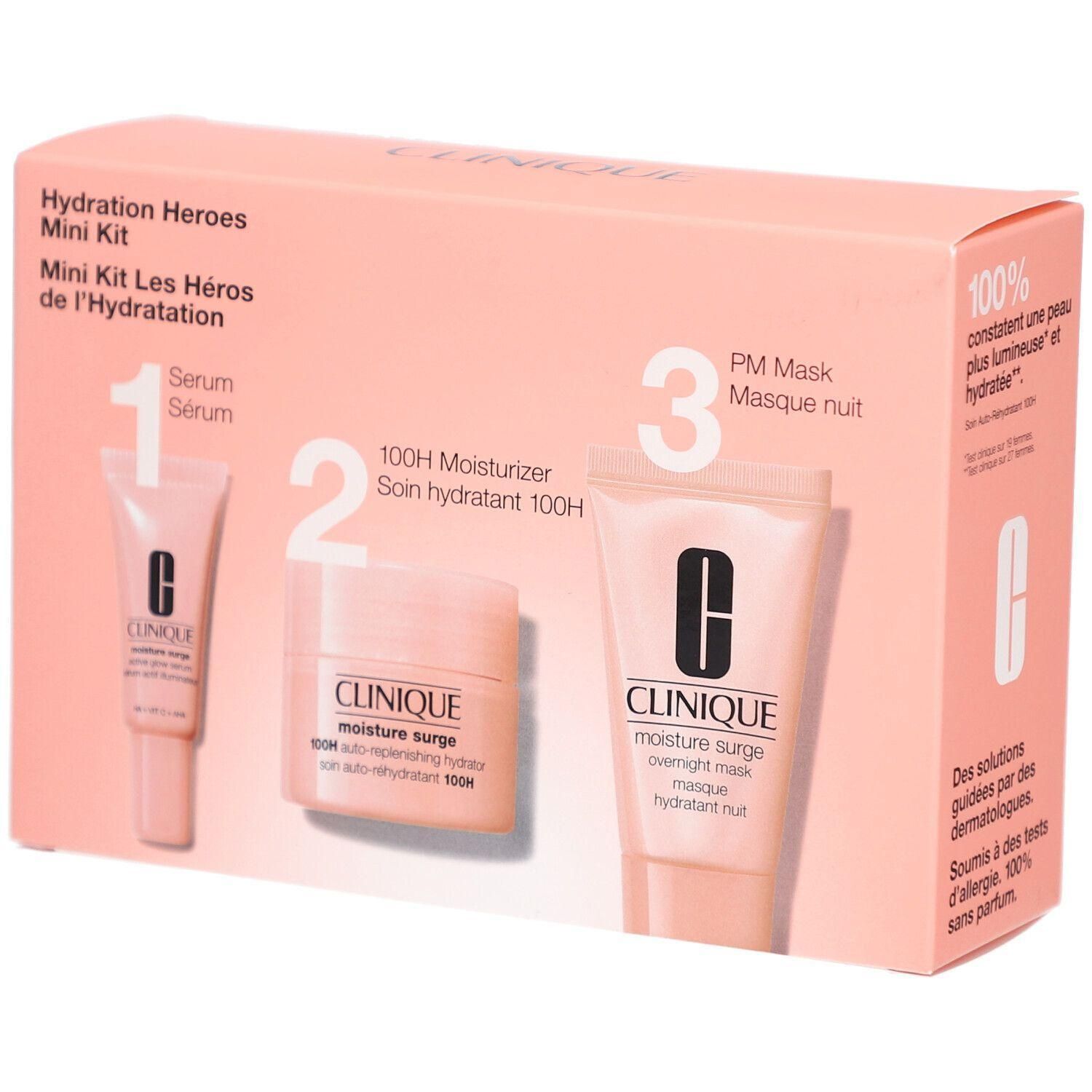 CLINIQUE Hydration Heroes Mini Kit mit drei Hautpflegeprodukten in rosa Verpackung.