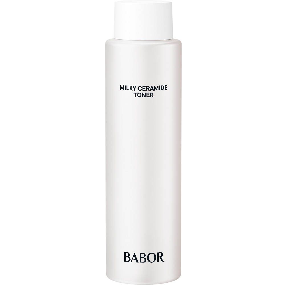 Babor Milky Ceramide Toner in weißer Flasche mit schwarzer Schrift.