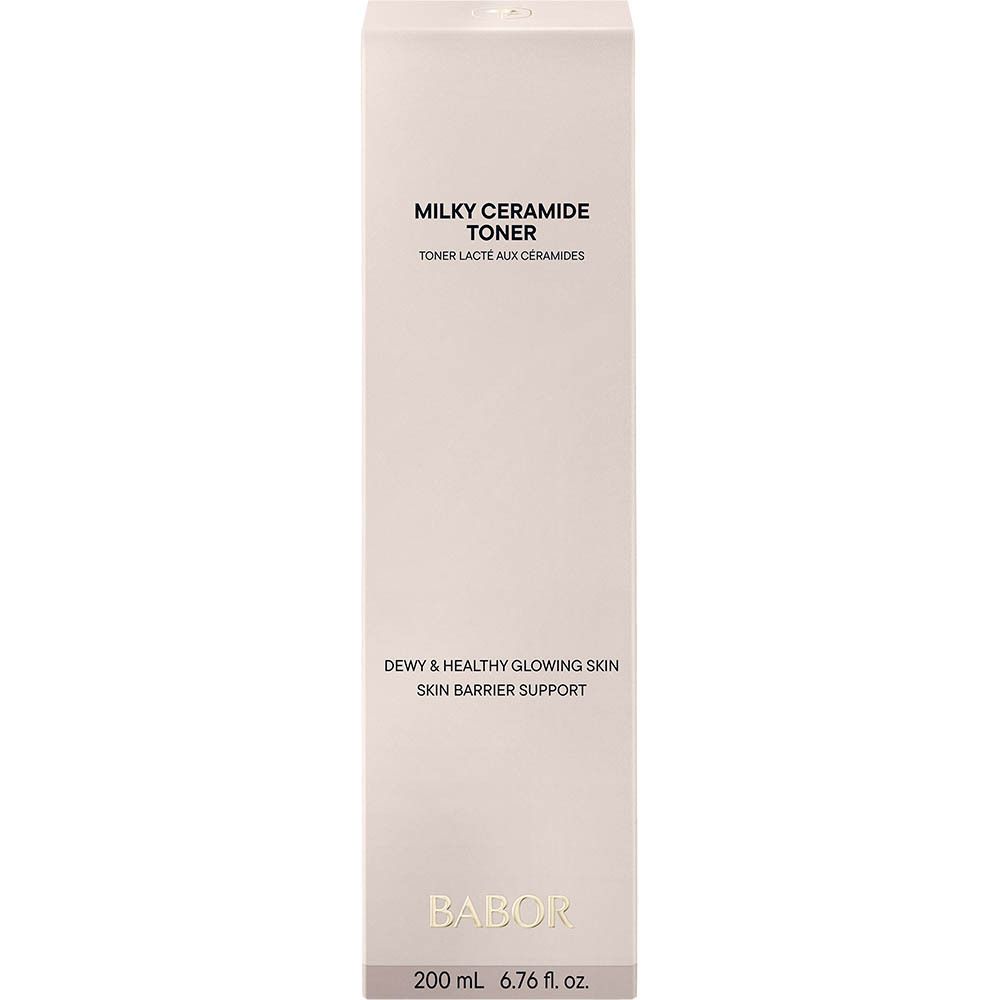 Babor Milky Ceramide Toner Flasche mit weißem Verschluss und schwarzer Beschriftung.