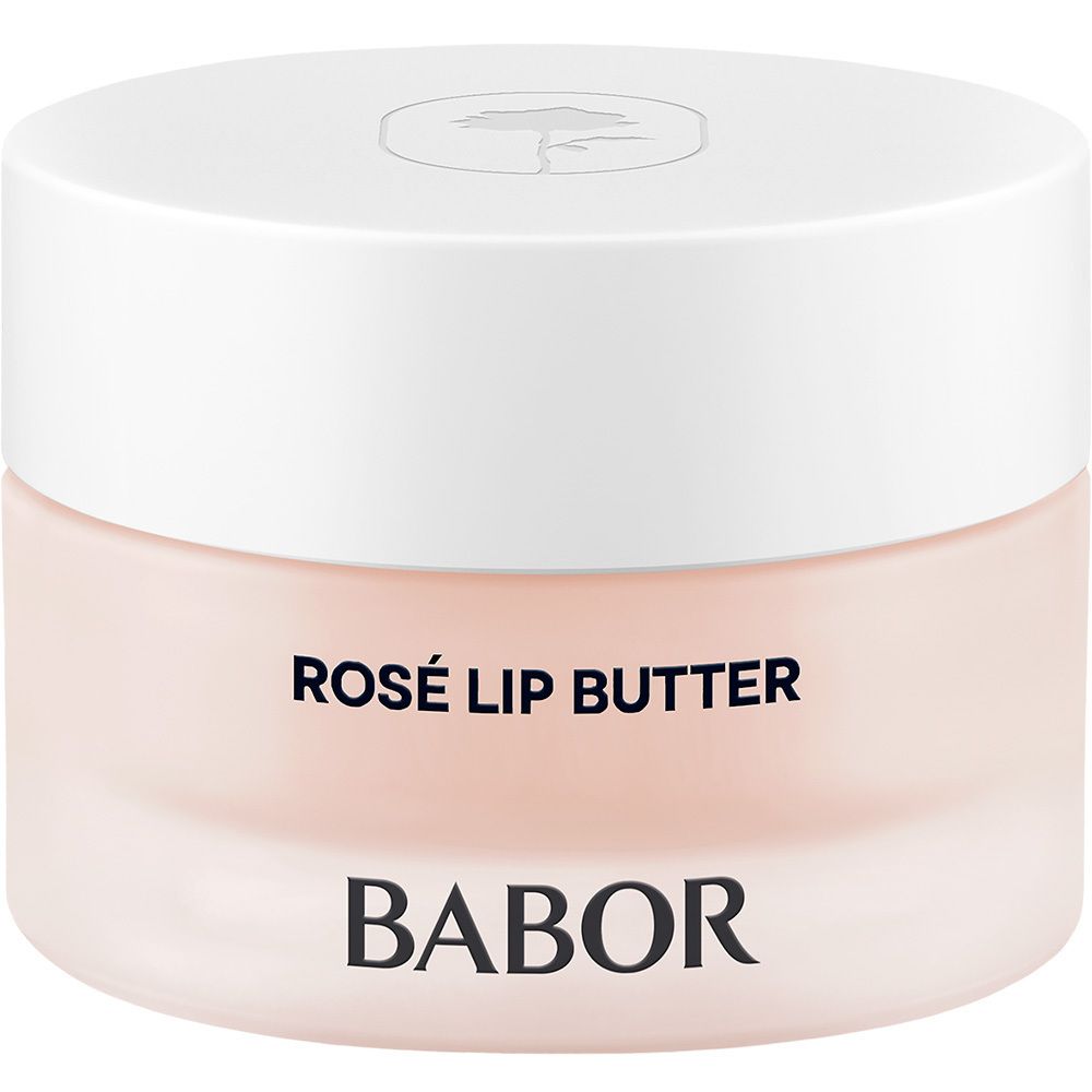 Babor Rosé Lip Butter in einem transparenten Tiegel mit weißem Deckel.