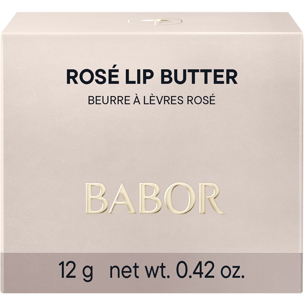 Rückseite des Babor Rosé Lip Butter Tiegels mit Produktinformationen und Gewicht.