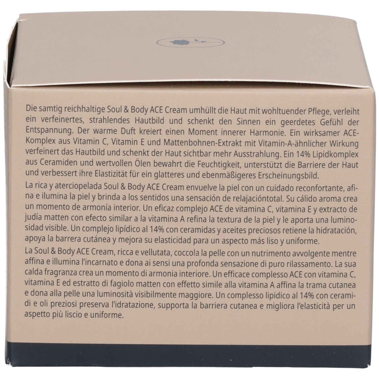 Rückseite der Babor Soul & Body ACE Cream Verpackung mit Produktbeschreibung auf Deutsch und Italienisch.