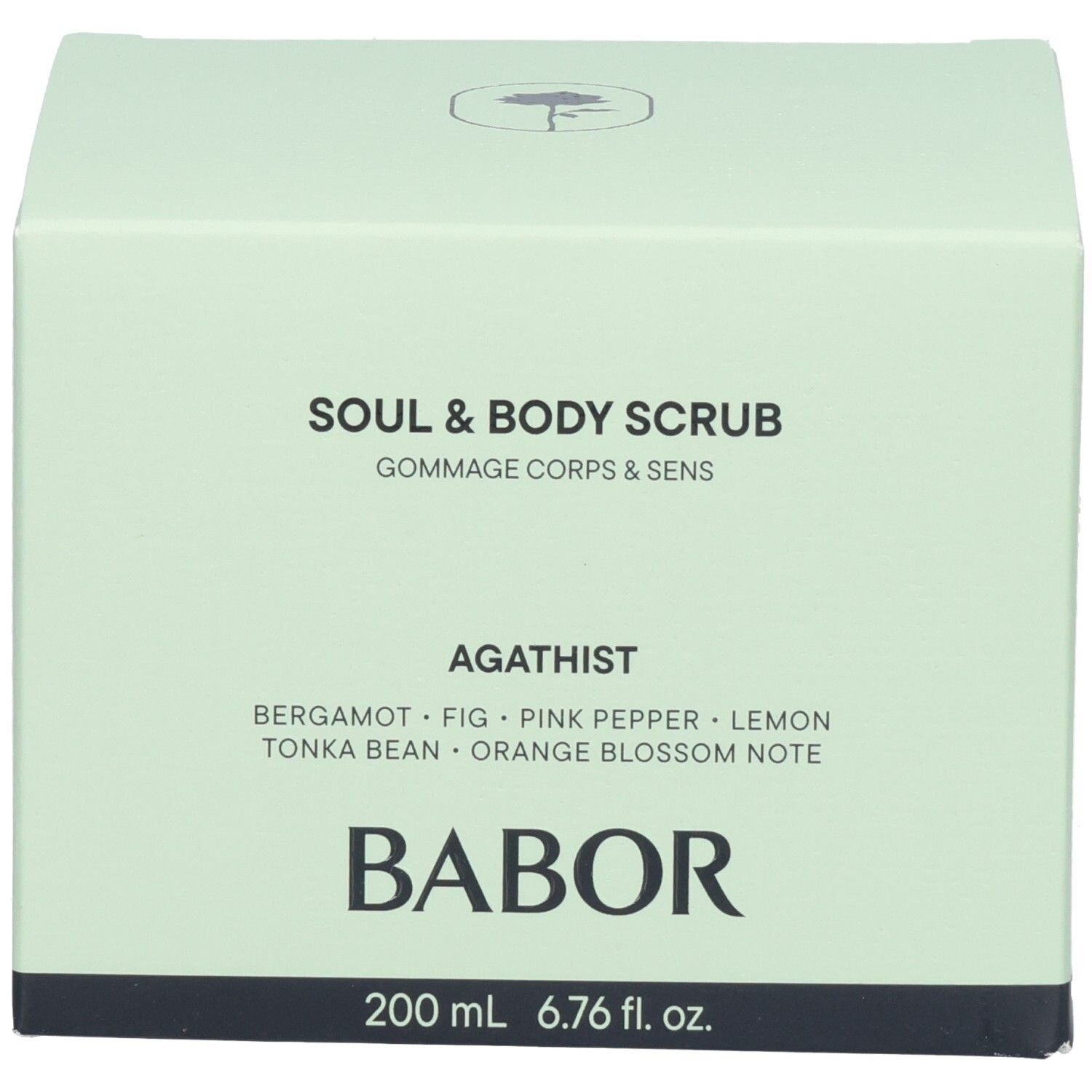 BABOR Soul & Body Scrub Agathist Kartonverpackung mit Duftnoten und Markennamen.