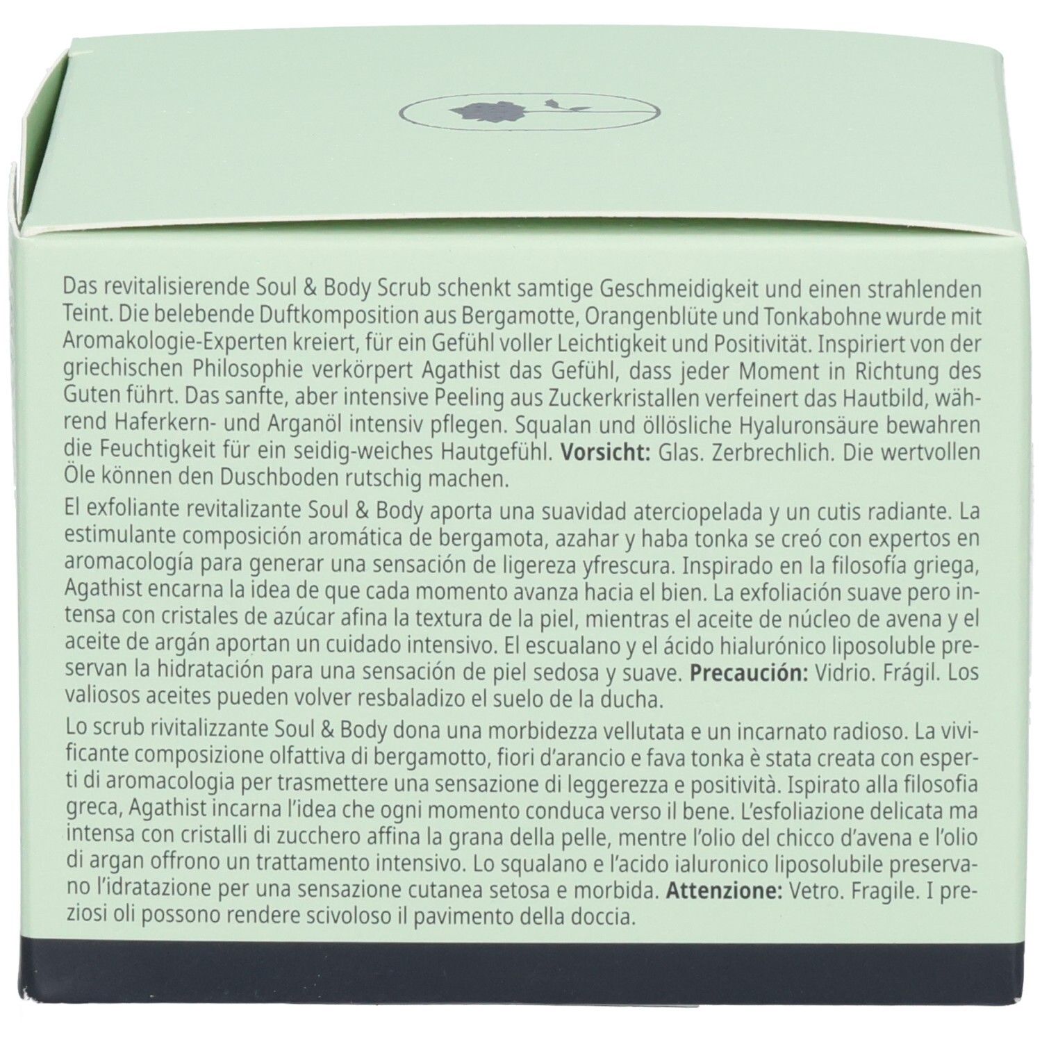 Rückseite der BABOR Soul & Body Scrub Agathist Verpackung mit Produktbeschreibung.