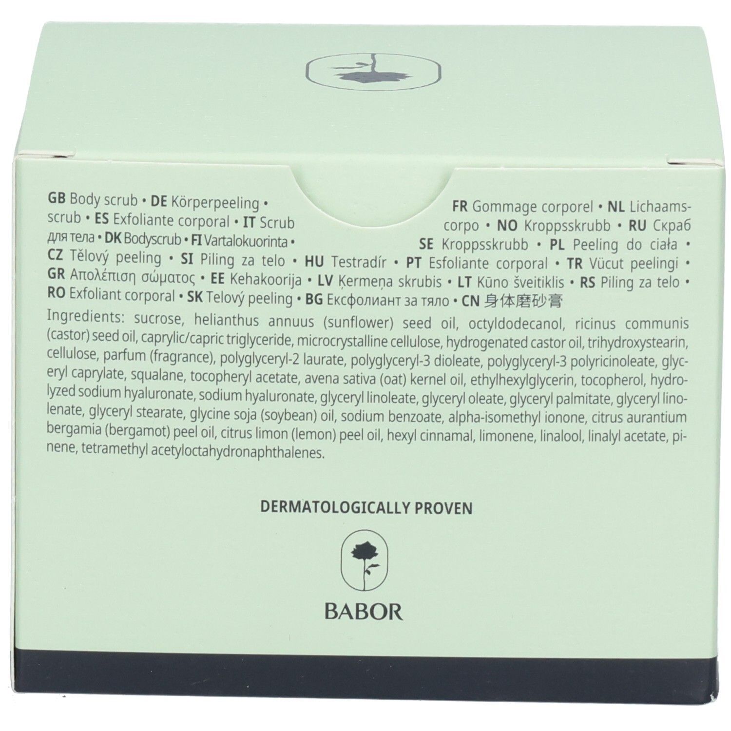 Rückseite der BABOR Soul & Body Scrub Agathist Verpackung mit Inhaltsstoffen und Sprachen.