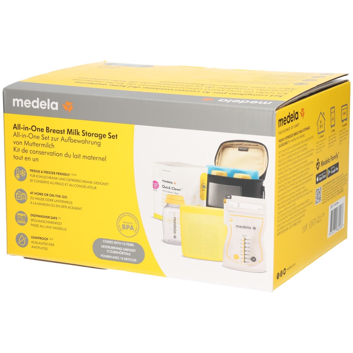 MEDELA All-in-One Breast Milk Storage Set. Gelbe und graue Verpackung. Enthält Flaschen, Beutel und Kühltasche. BPA-frei.