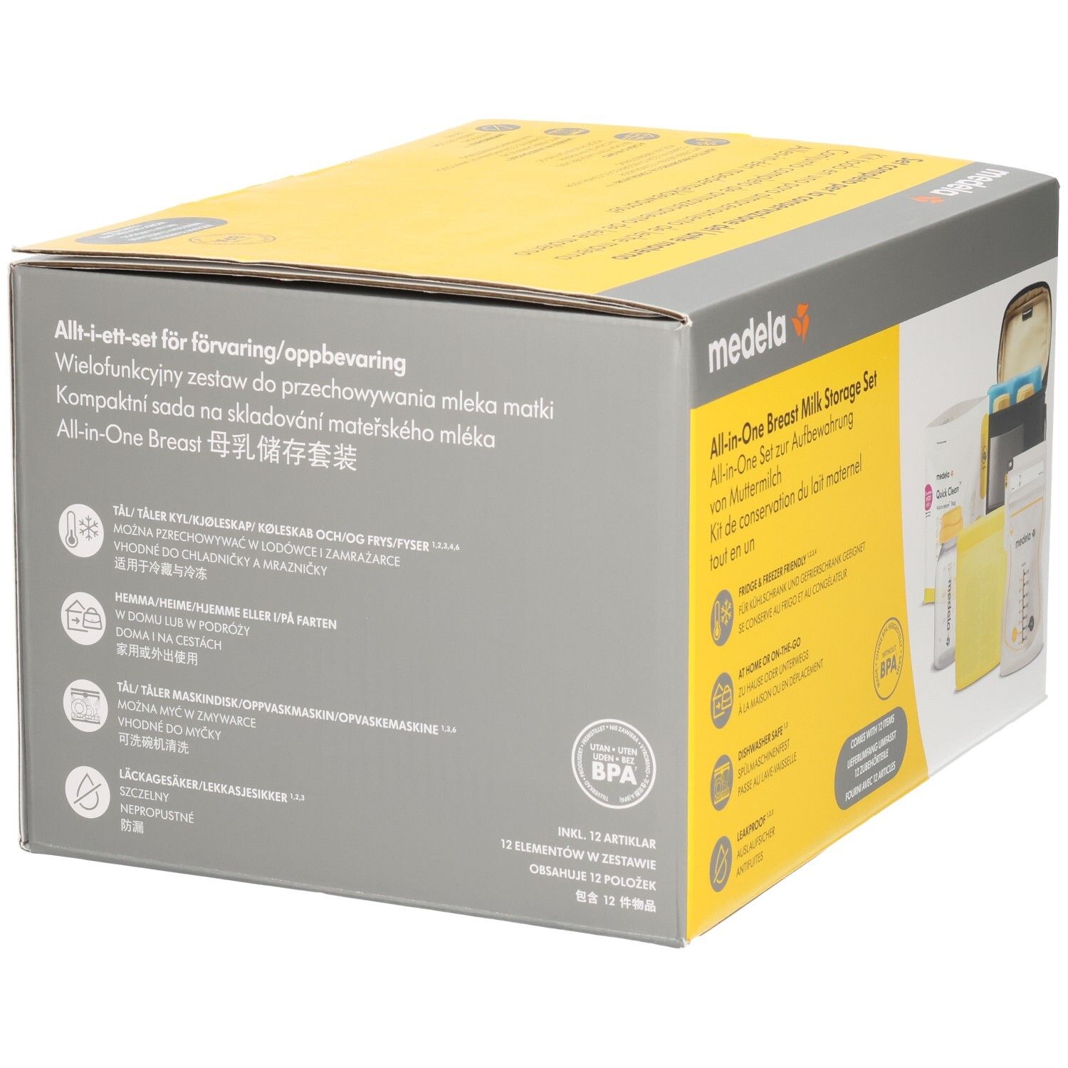 MEDELA All-in-One Breast Milk Storage Set. Verpackung mit mehrsprachigem Text. BPA-Logo. Enthält 12 Artikel.
