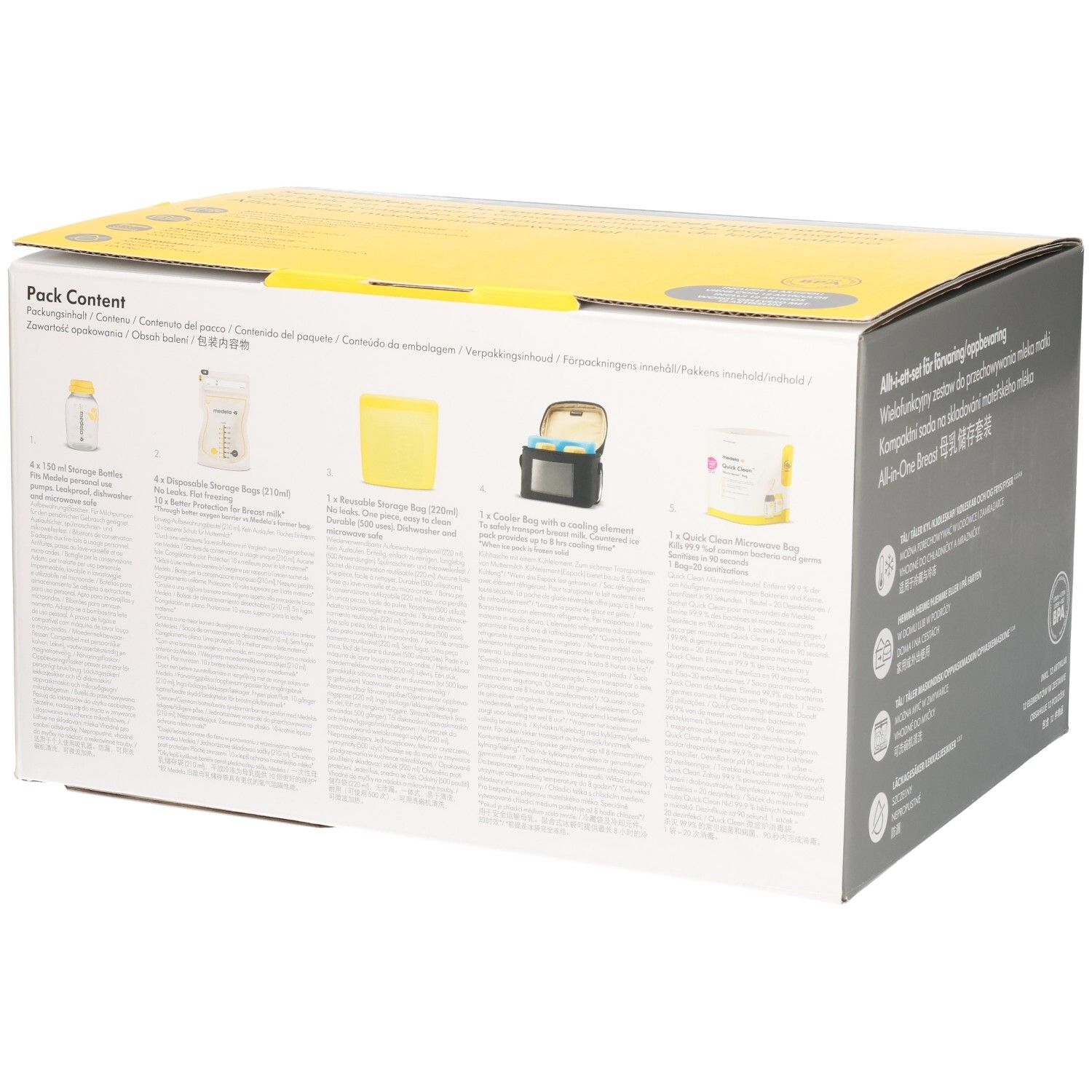 Rückseite der MEDELA All-in-One Breast Milk Storage Set Verpackung. Zeigt Komponenten: Flaschen, Beutel, Kühltasche.