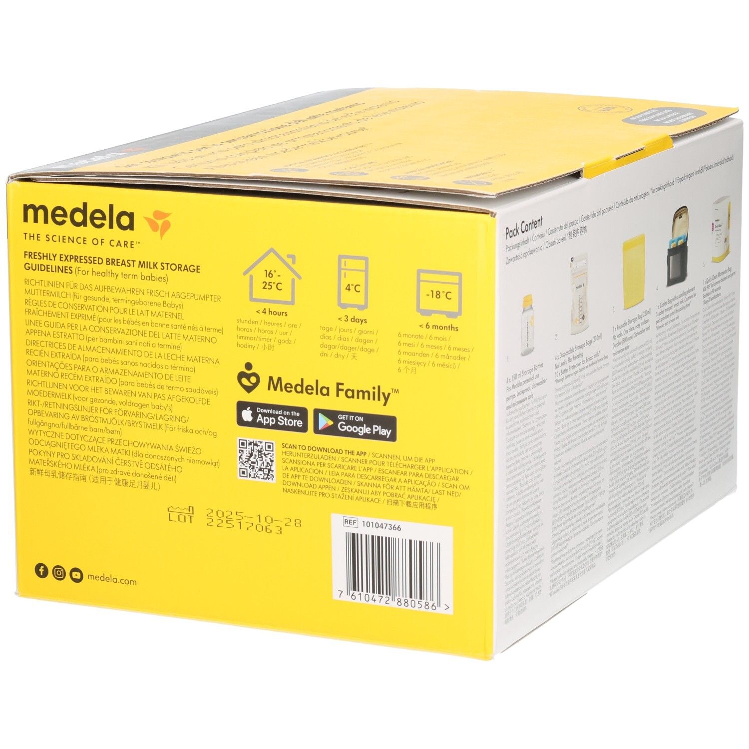 Rückseite der MEDELA All-in-One Breast Milk Storage Set Verpackung. Enthält Temperaturangaben und App-Informationen.