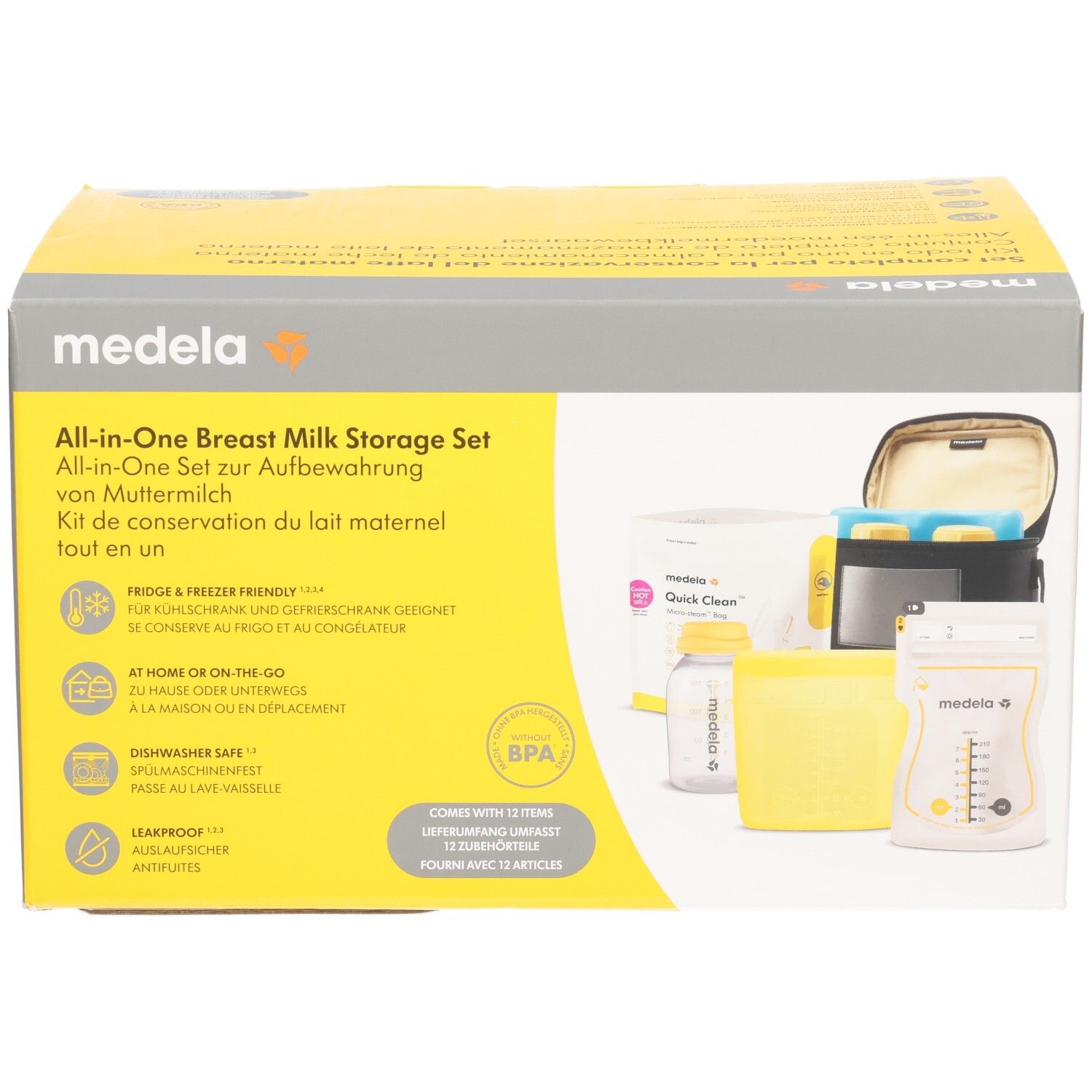 MEDELA All-in-One Breast Milk Storage Set. Gelbe und graue Verpackung. Enthält Flaschen, Beutel und Kühltasche. BPA-frei.