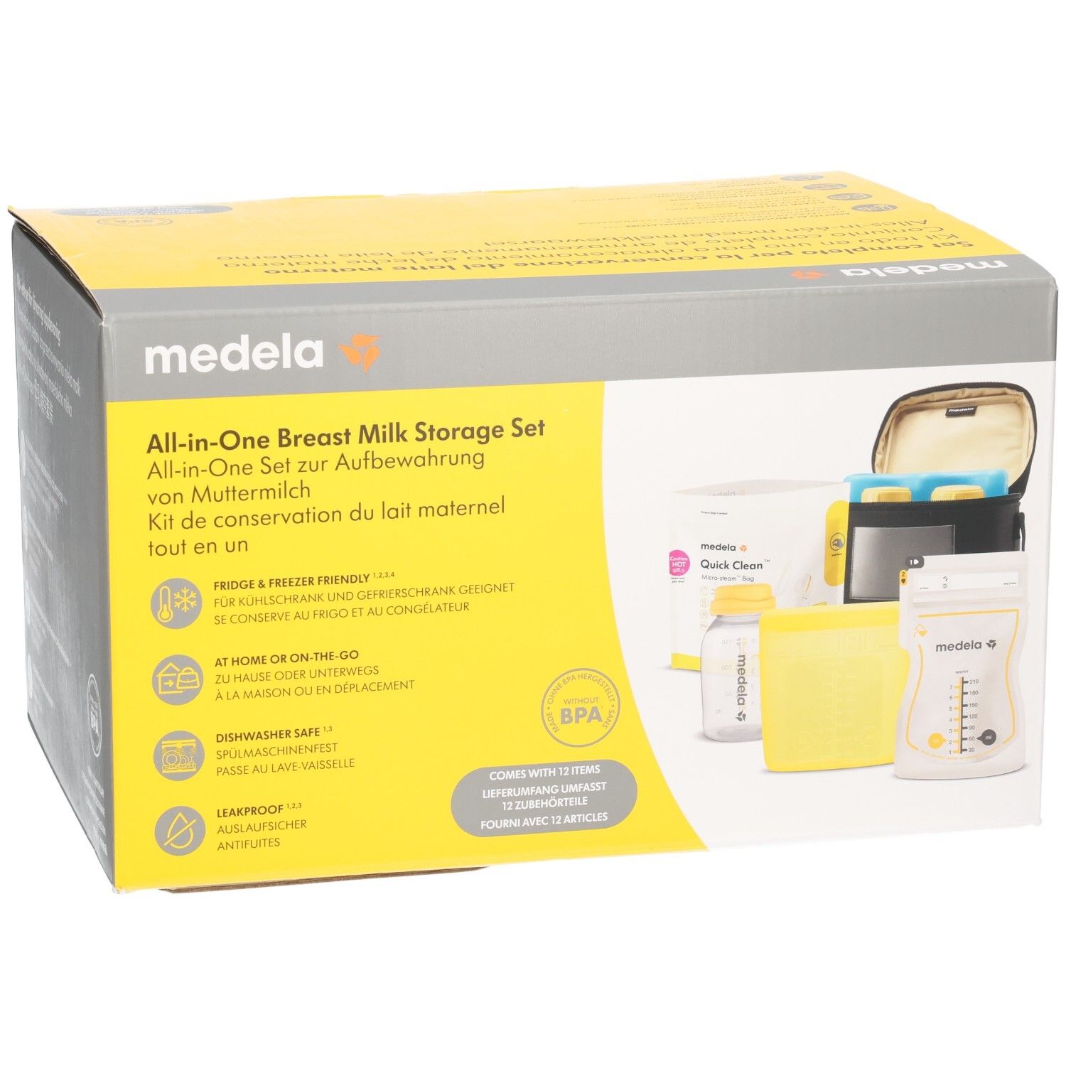 MEDELA All-in-One Breast Milk Storage Set. Gelbe und graue Verpackung. Enthält Flaschen, Beutel und Kühltasche. BPA-frei.
