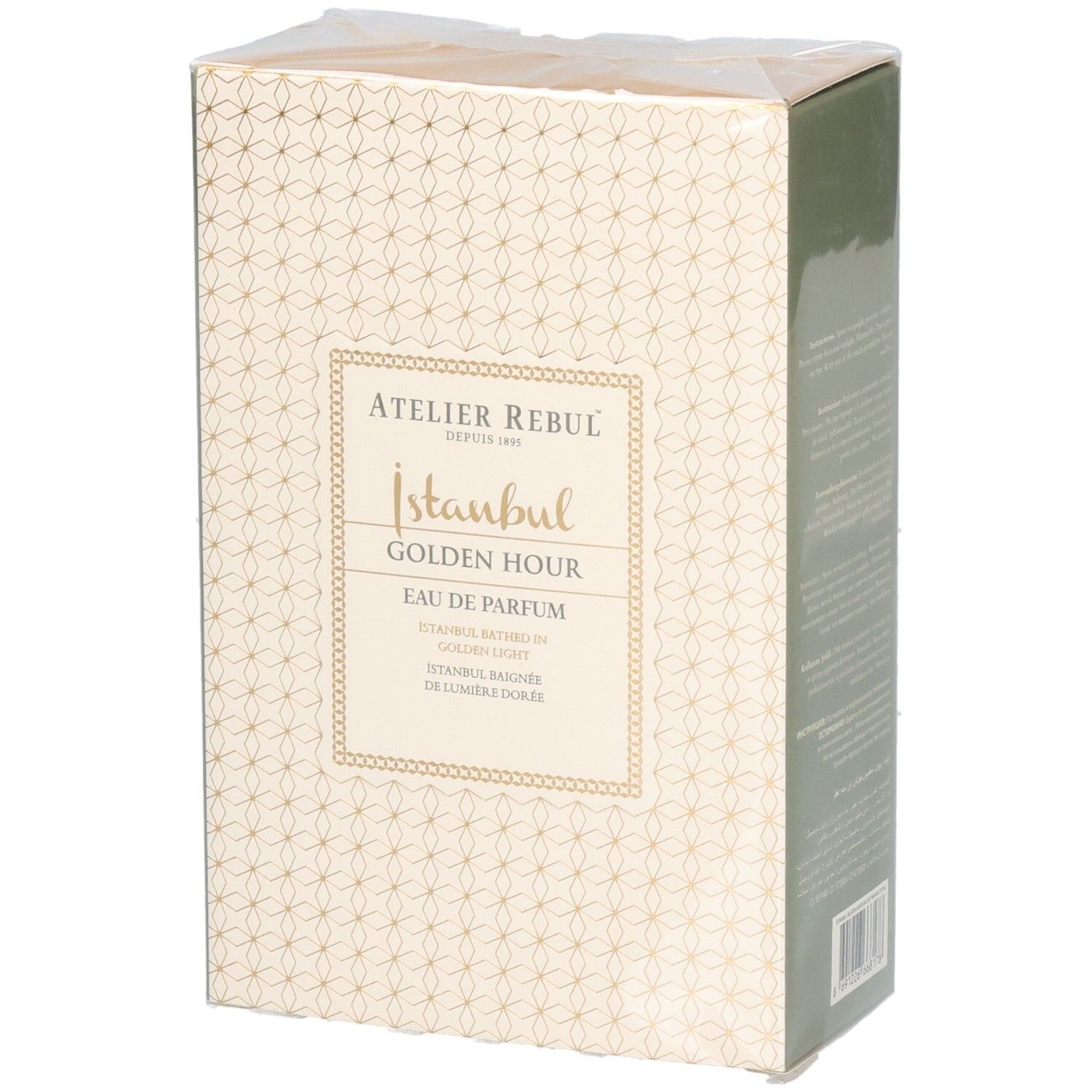 Verpackung von Atelier Rebul Istanbul Golden Hour Eau de Parfum. Beige Box mit goldenem Muster und Produktnamen.