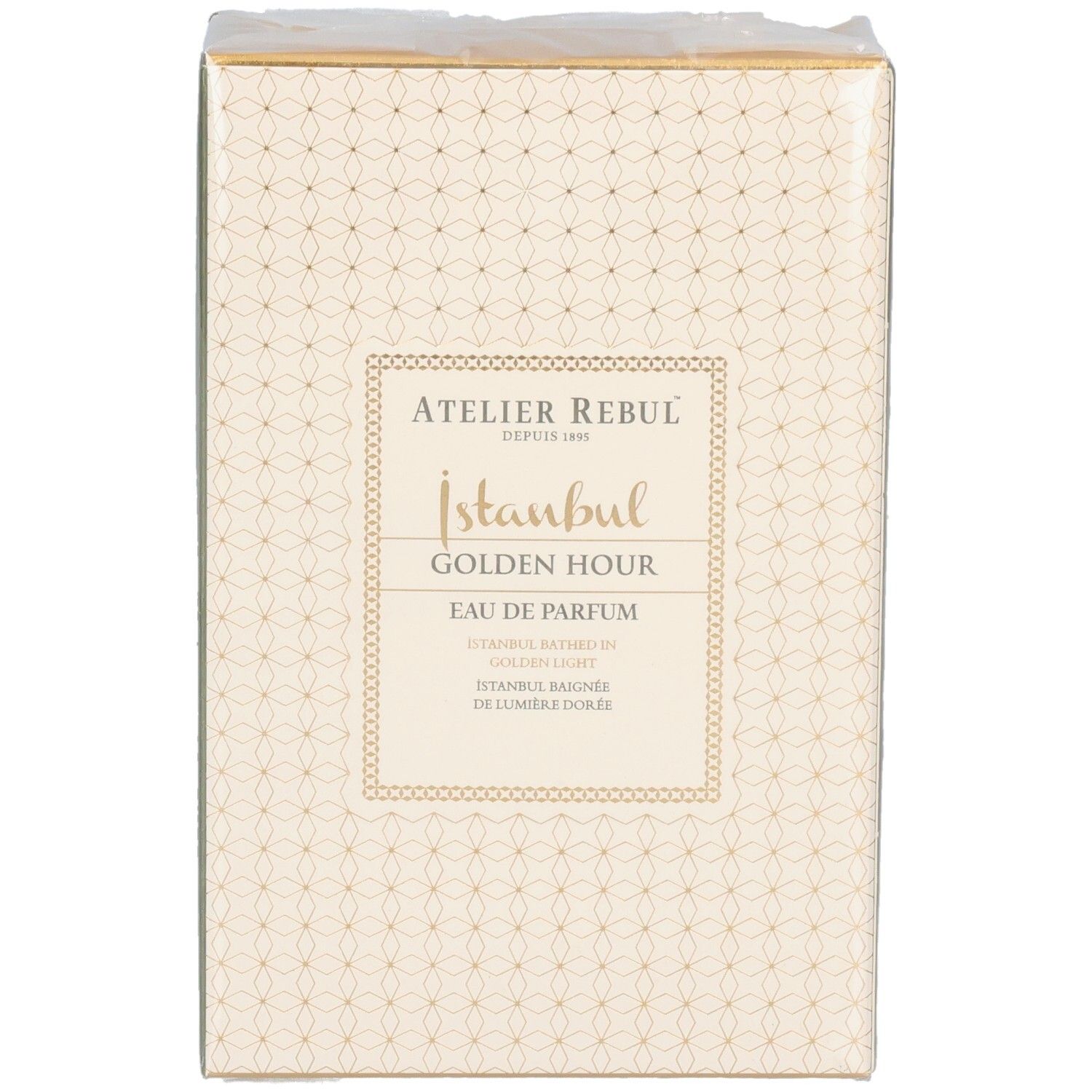 Vorderansicht der Verpackung von Atelier Rebul Istanbul Golden Hour Eau de Parfum. Beige Box mit goldenem Muster.