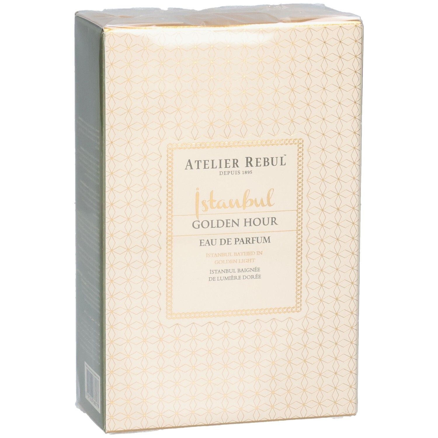 Vorderansicht der Verpackung von Atelier Rebul Istanbul Golden Hour Eau de Parfum. Beige Box mit goldenem Muster.
