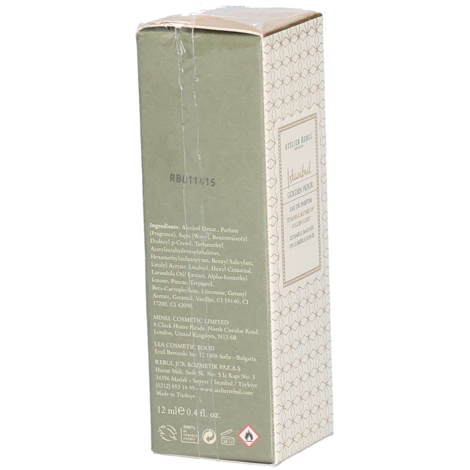 Kartonverpackung. Atelier Rebul Istanbul Golden Hour Eau de Parfum. Rückseite mit Inhaltsstoffen und Herstellerinformationen.