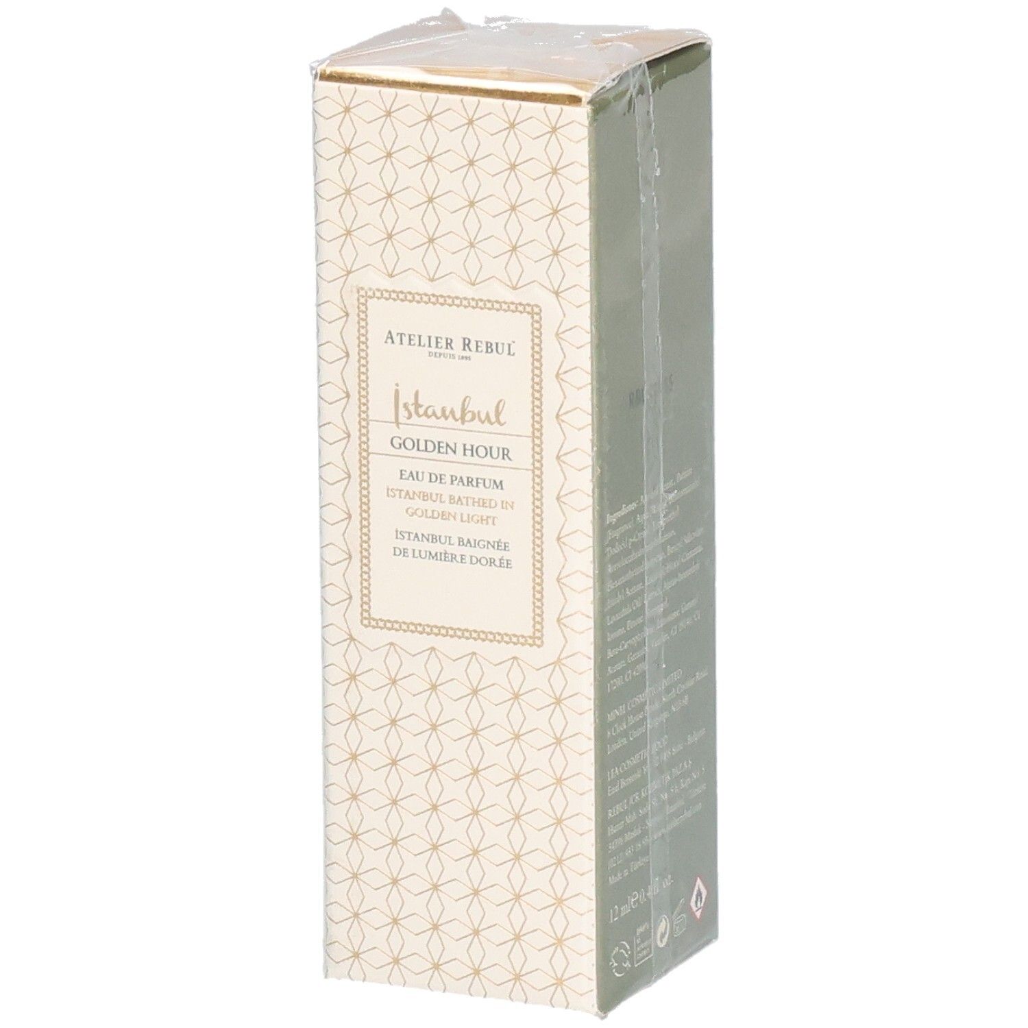 Kartonverpackung. Atelier Rebul Istanbul Golden Hour Eau de Parfum. Vorderseite mit Produktnamen und Logo.