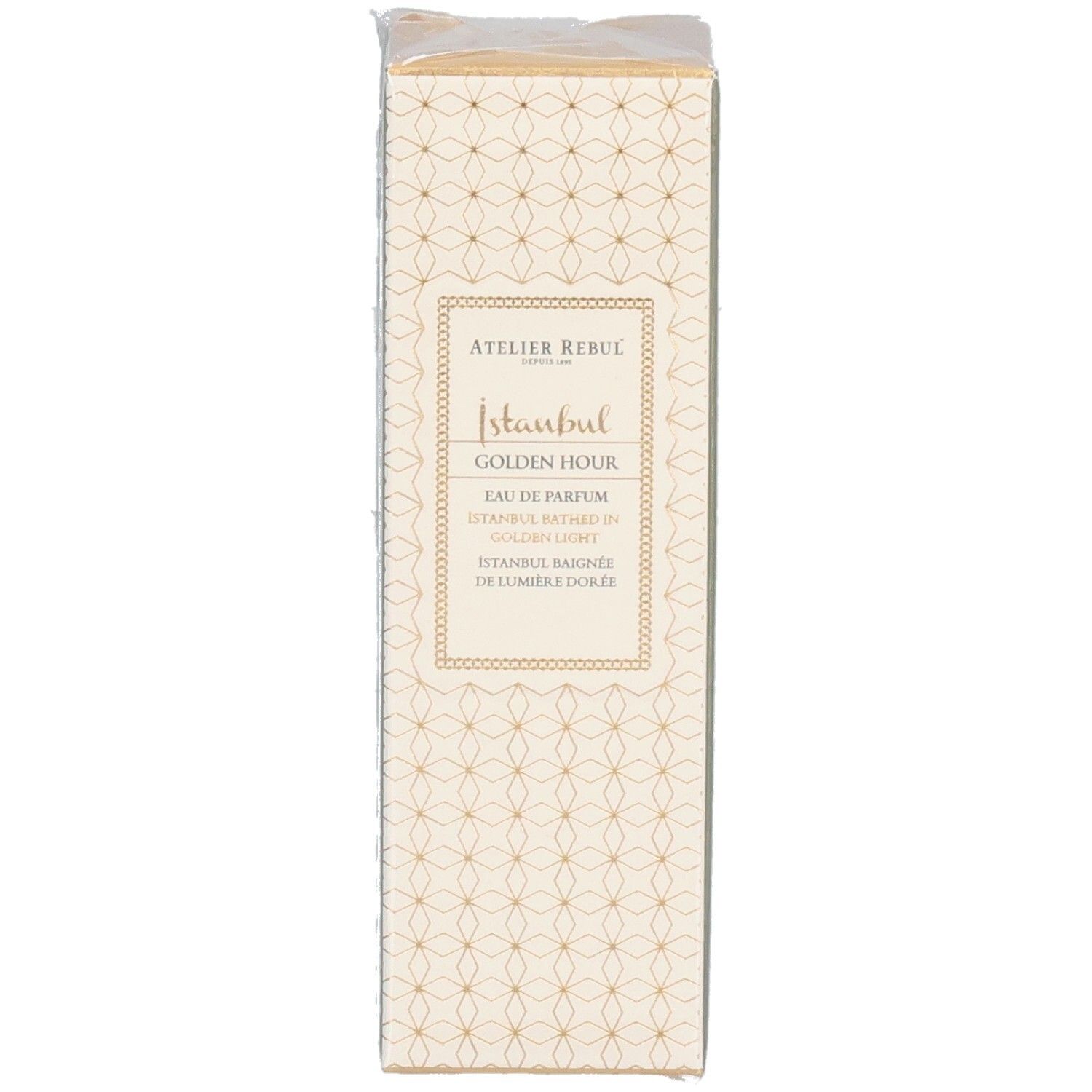 Kartonverpackung. Atelier Rebul Istanbul Golden Hour Eau de Parfum. Vorderseite mit Produktnamen und Logo.
