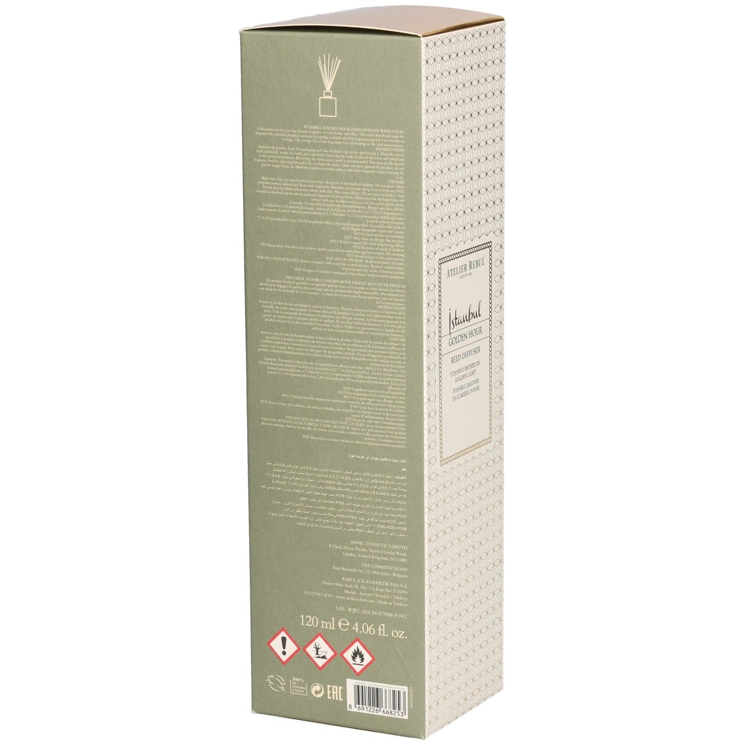 Rückseite der Verpackung. Text in mehreren Sprachen. Warnsymbole. Aufschrift: Atelier Rebul Istanbul Golden Hour Reed Diffuser.