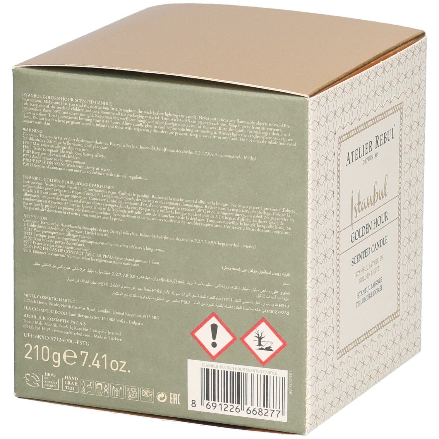 Rückseite der Verpackung. Text in mehreren Sprachen. Aufschrift: Atelier Rebul, Istanbul Golden Hour Scented Candle. Grünliche Seite.