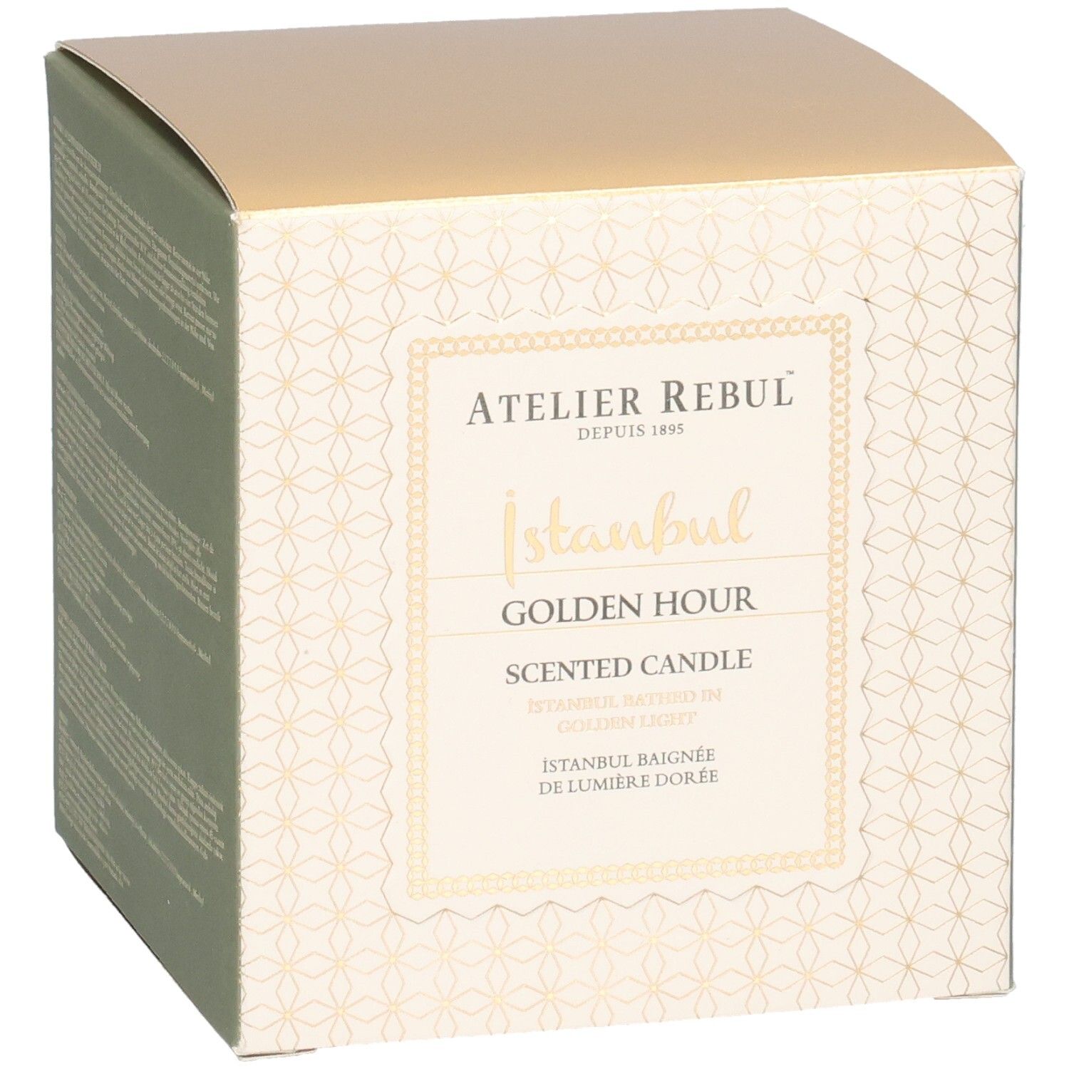 Quadratische Verpackung. Aufschrift: Atelier Rebul, Istanbul Golden Hour Scented Candle. Goldfarbener Deckel, cremefarbene Seiten mit Muster.