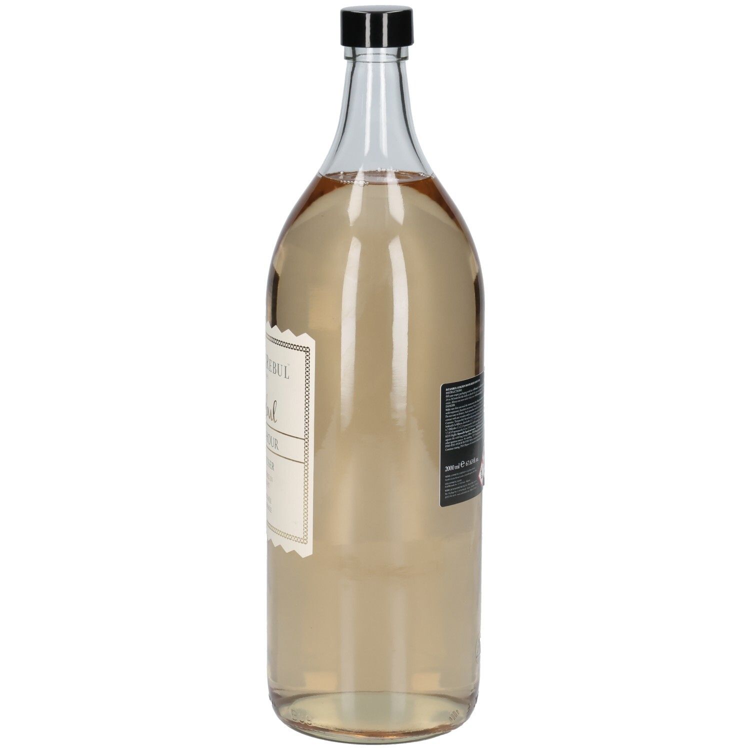 Transparente Glasflasche mit schwarzem Deckel. Etikett mit Produktinformationen. Flüssigkeit in der Flasche ist goldfarben.