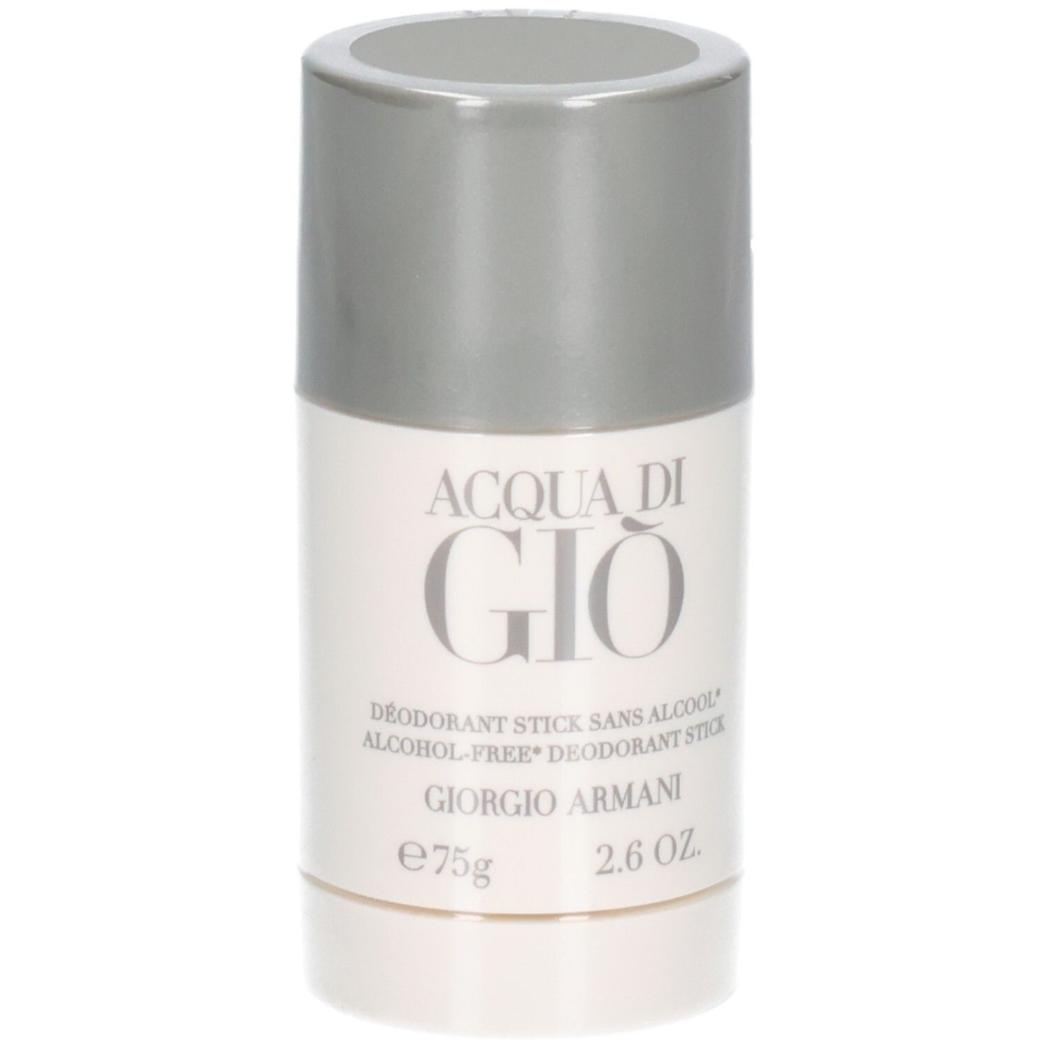 Giorgio Armani Acqua Di Gio Deodorant Stick, 75g. Weißer Behälter mit silbernem Deckel.