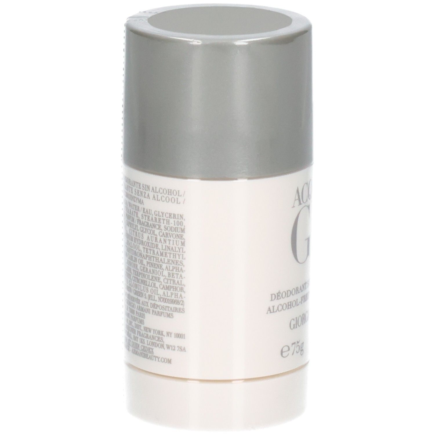 Giorgio Armani Acqua Di Gio Deodorant Stick, 75g. Rückseite mit Inhaltsstoffangaben.