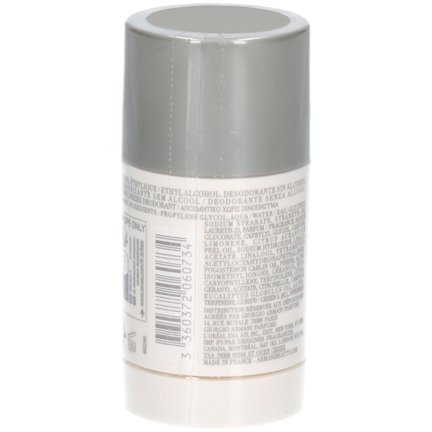 Giorgio Armani Acqua Di Gio Deodorant Stick, 75g. Rückseite mit Barcode und Inhaltsstoffen.