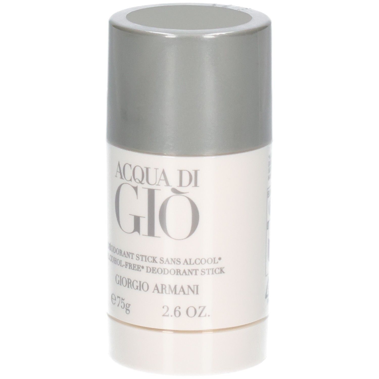 Giorgio Armani Acqua Di Gio Deodorant Stick, 75g. Vorderseite mit Produktnamen und Gewicht.