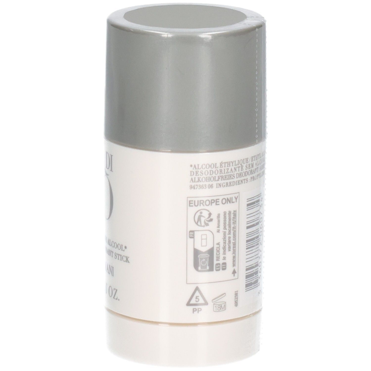 Giorgio Armani Acqua Di Gio Deodorant Stick, 75g. Seitenansicht mit Symbolen und Text.