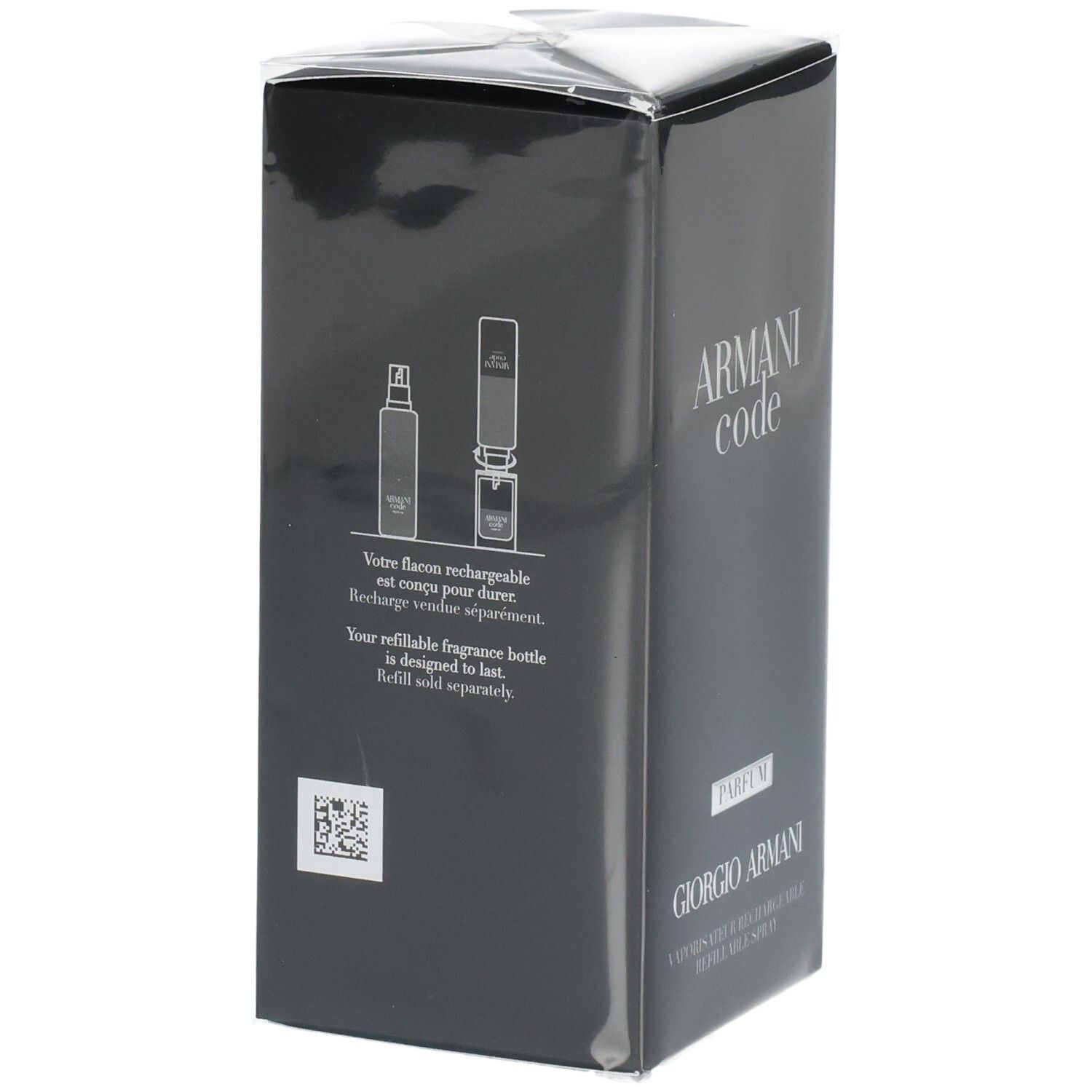 Giorgio Armani Code Parfum auf dunkler Verpackung. Zeigt eine nachfüllbare Flasche und Anweisungen.