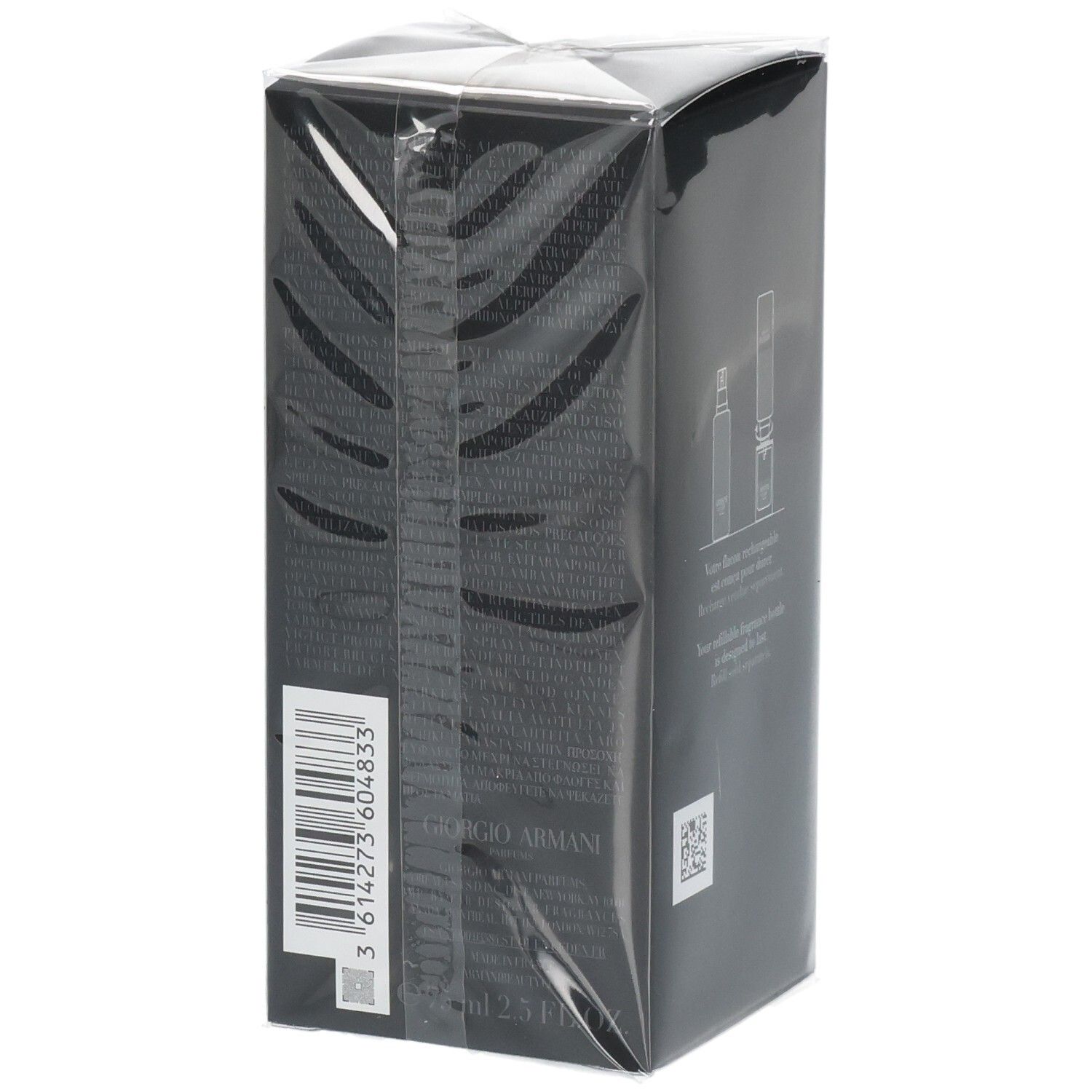 Giorgio Armani Parfumverpackung, schwarz, mit Barcode und Produktabbildung.