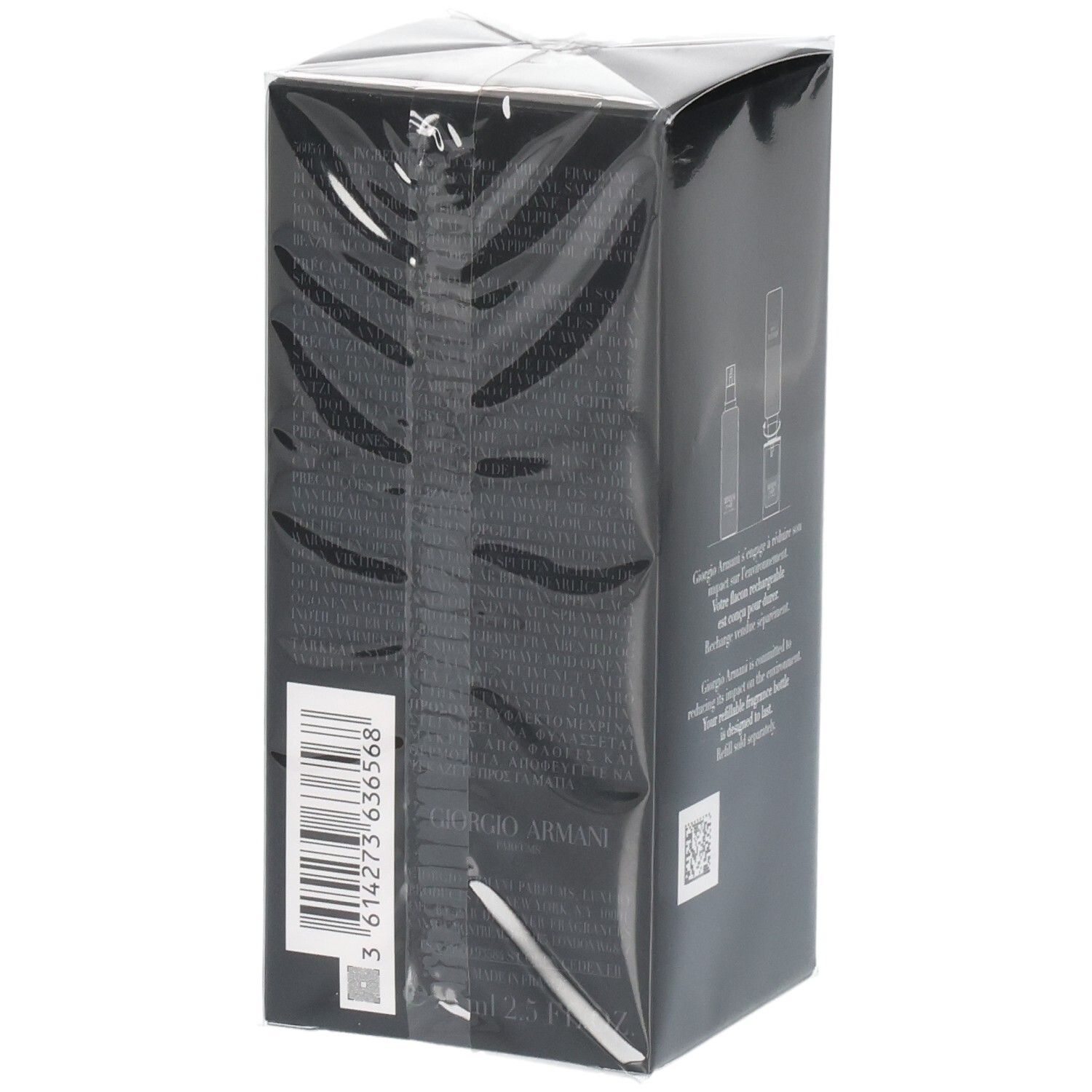 Giorgio Armani Parfümverpackung, schwarz, mit Barcode und Produktinformationen.