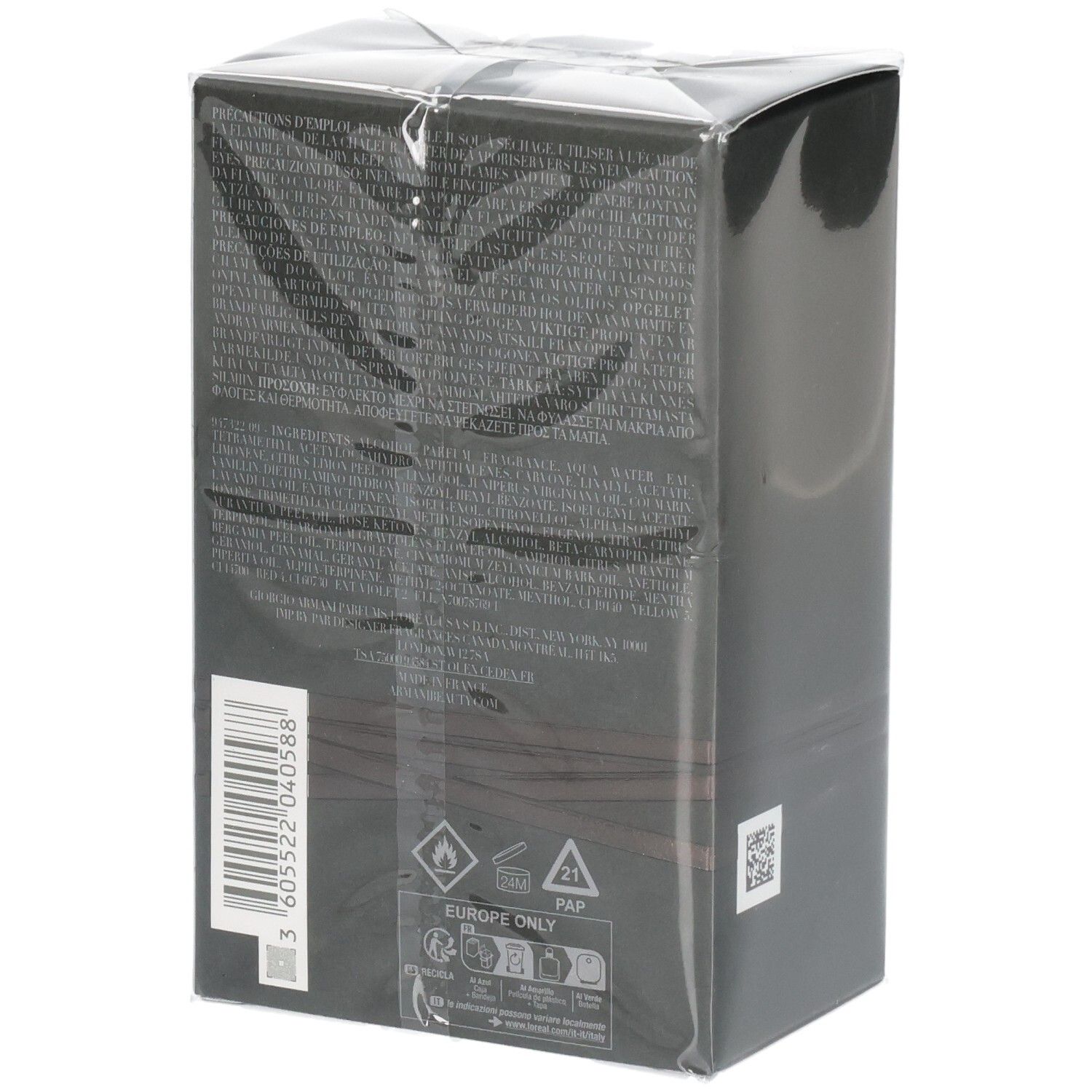 Schwarze Produktverpackung mit Barcode und Sicherheitssymbolen.