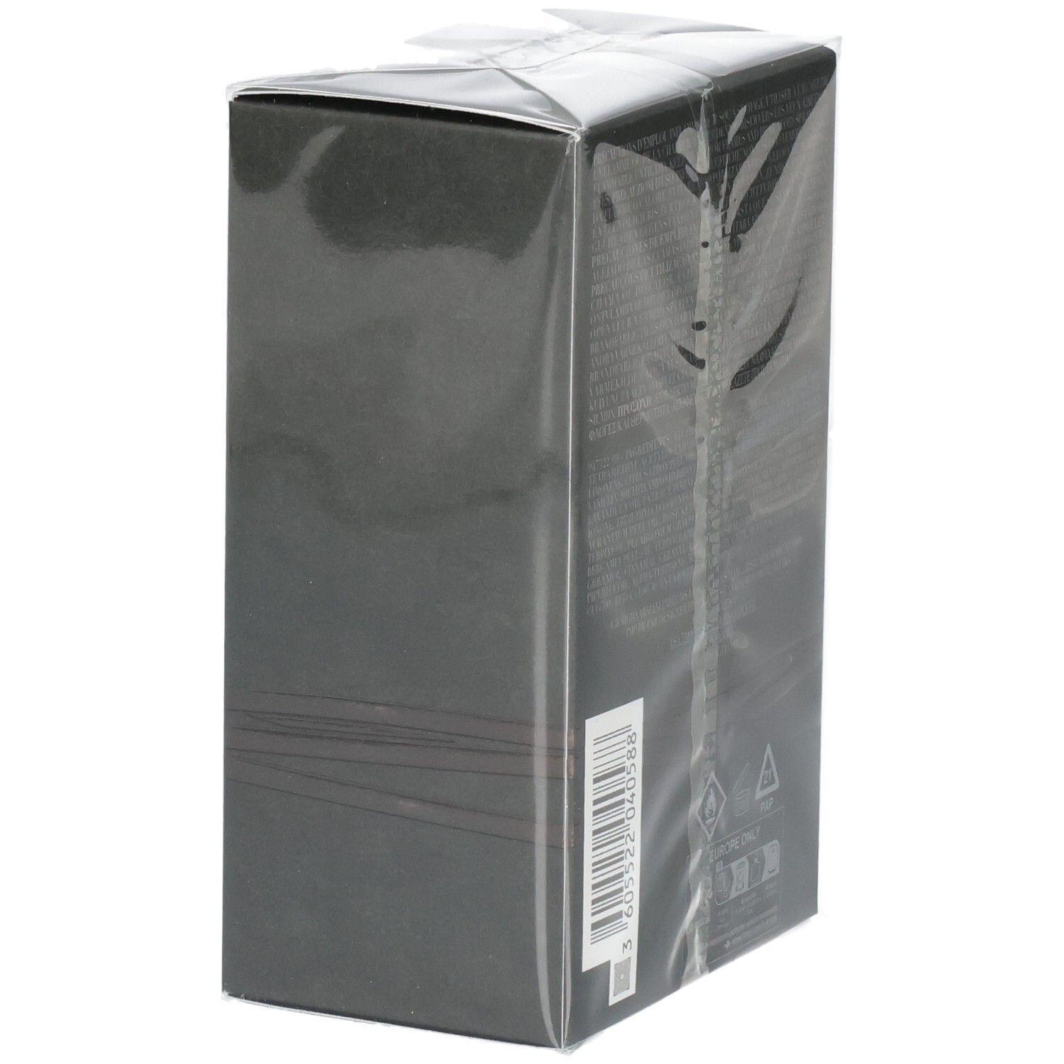 Schwarze rechteckige Verpackung, mit durchsichtiger Folie umwickelt. Barcode und Warnsymbole sichtbar.