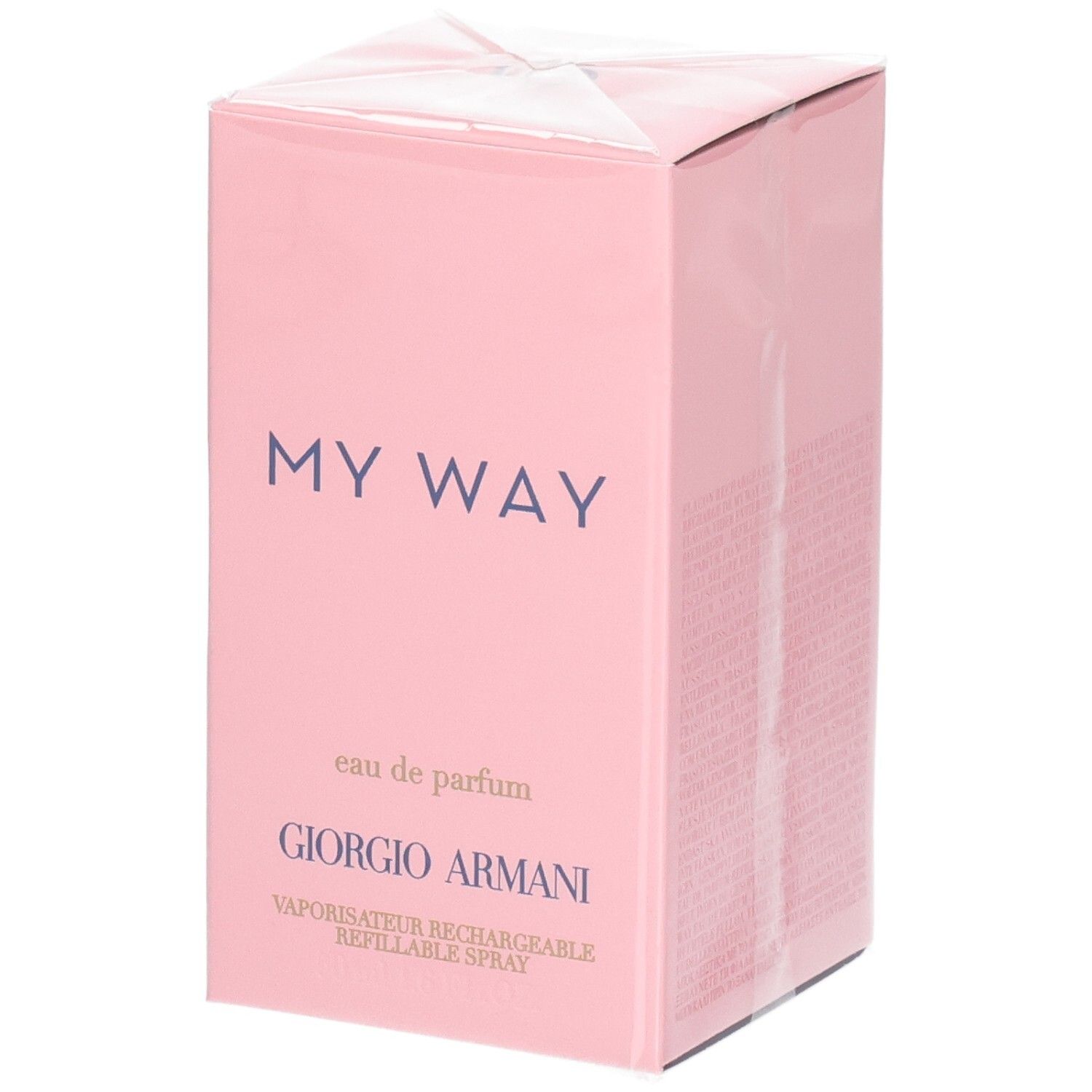 Giorgio Armani My Way Eau de Parfum, 50ml. Rosa Verpackung mit lila Schrift.