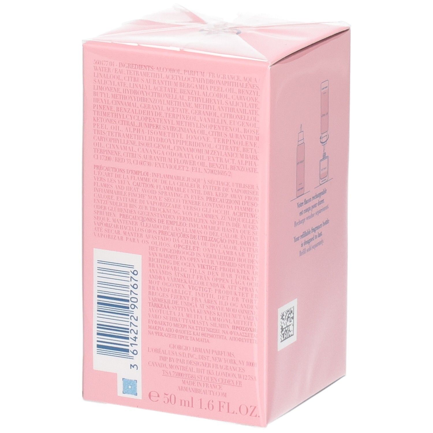 Seite der Giorgio Armani My Way Eau de Parfum Verpackung mit Inhaltsstoffen und Barcode.