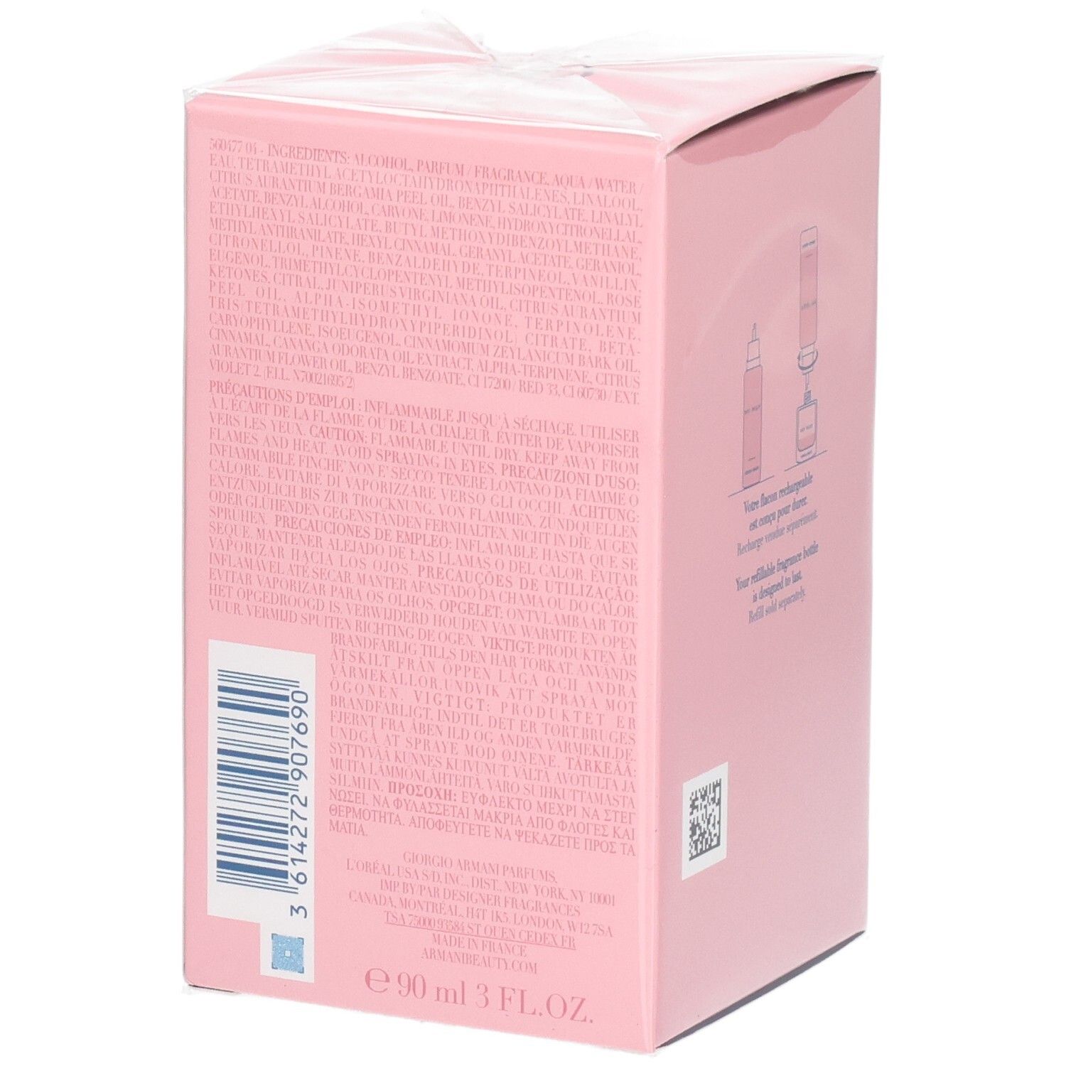 Rückseite der Giorgio Armani My Way Eau de Parfum-Verpackung mit Inhaltsstoffen und Barcode.