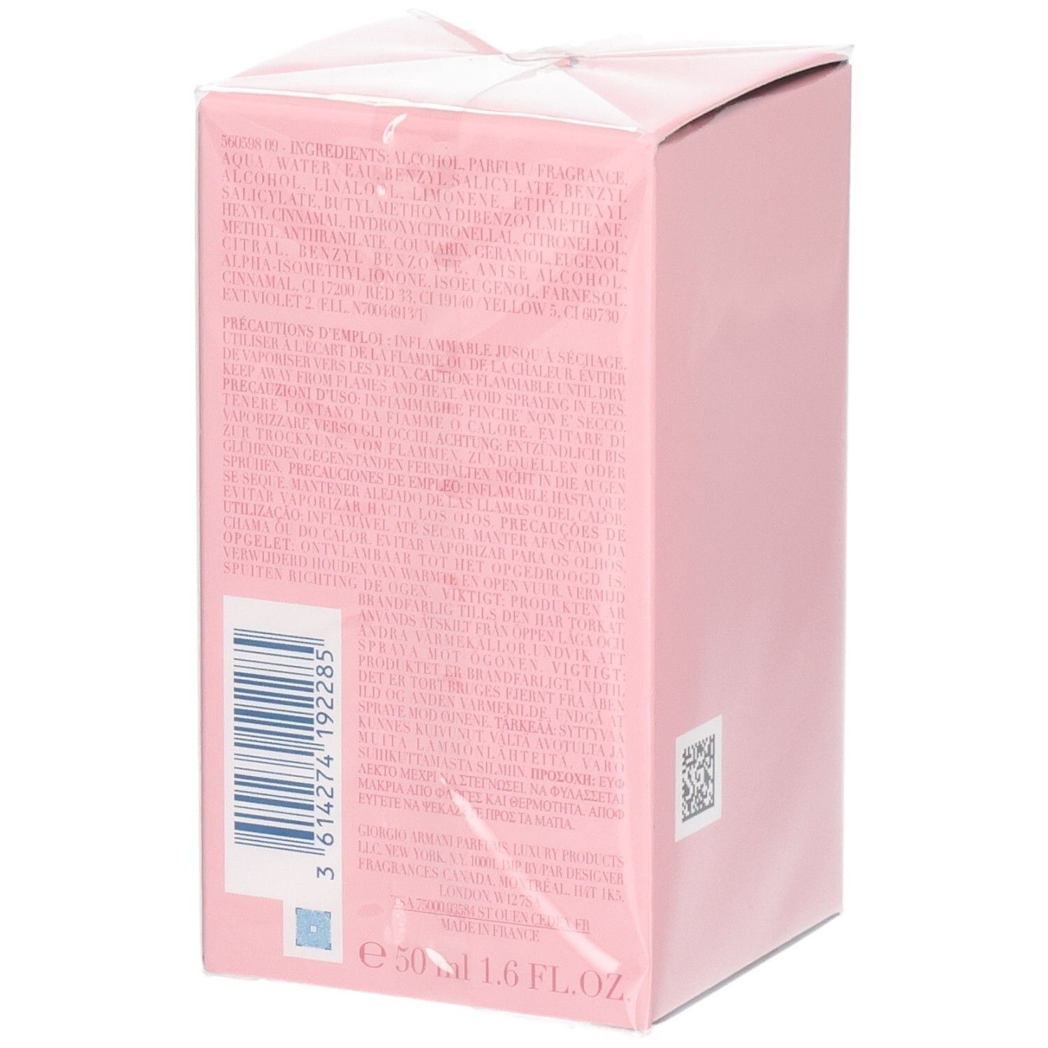 Rückseite der Giorgio Armani My Way Ylang Eau de Parfum 50ml Verpackung mit Barcode und Inhaltsstoffen.